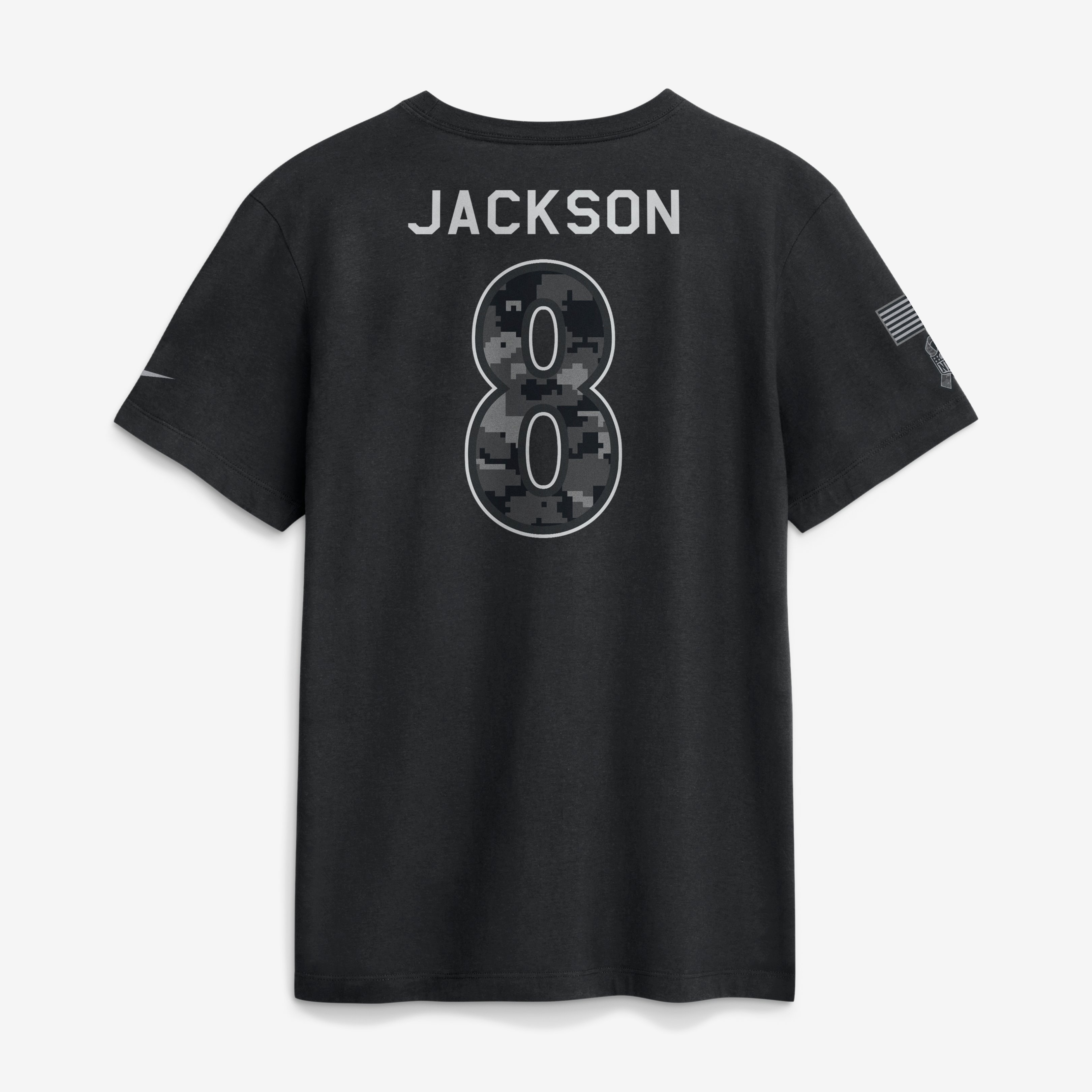 T-shirt Nike Lamar Jackson noir Baltimore Ravens 2026 Salute to Service pour homme, avec nom et numéro
