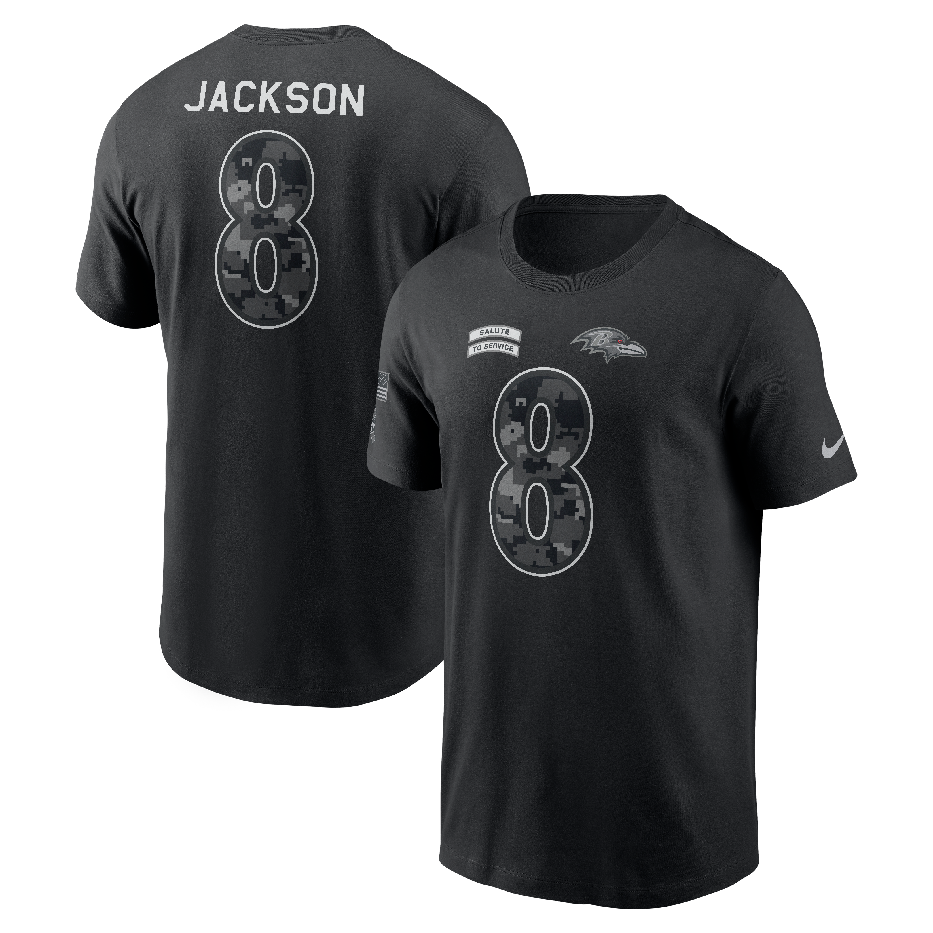 T-shirt Nike Lamar Jackson noir Baltimore Ravens 2026 Salute to Service pour homme, avec nom et numéro
