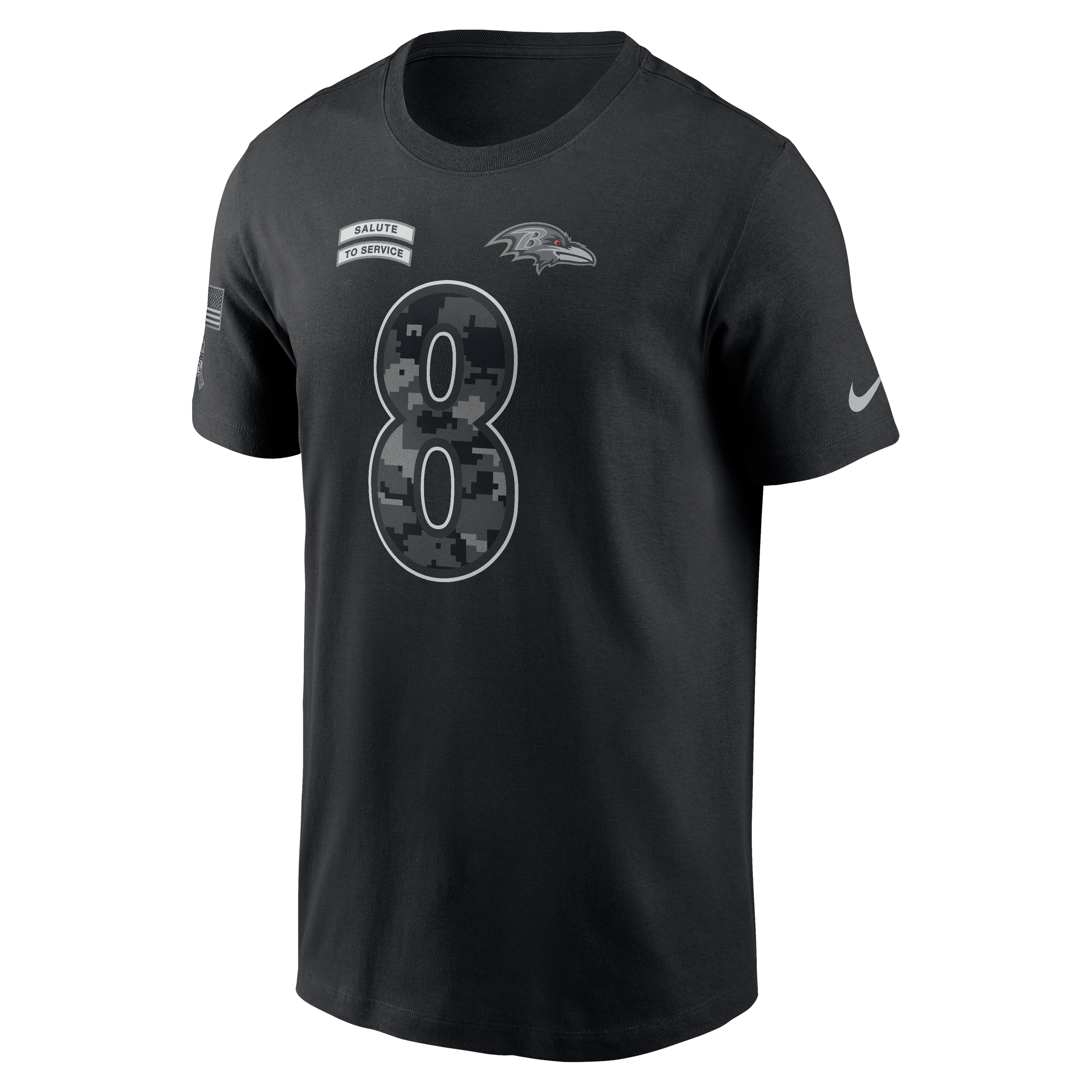 T-shirt Nike Lamar Jackson noir Baltimore Ravens 2026 Salute to Service pour homme, avec nom et numéro