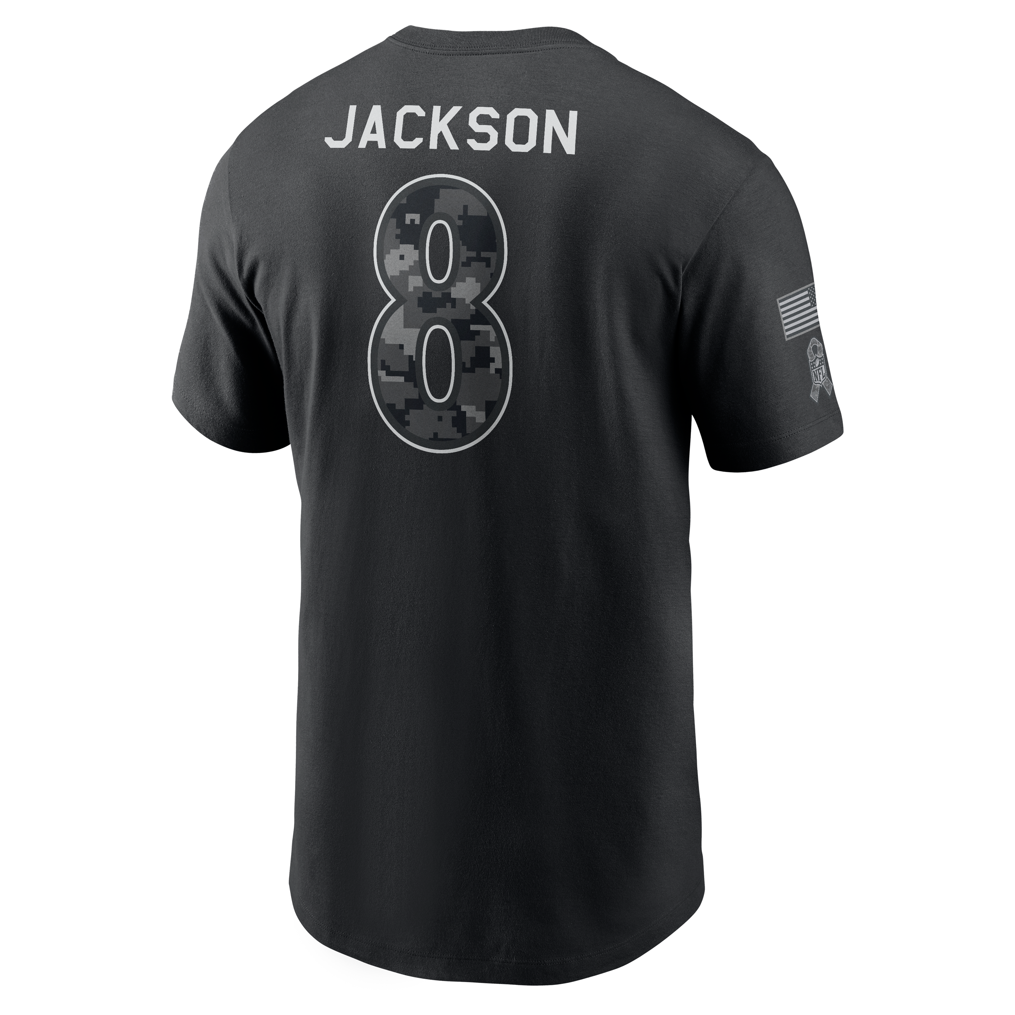 T-shirt Nike Lamar Jackson noir Baltimore Ravens 2026 Salute to Service pour homme, avec nom et numéro