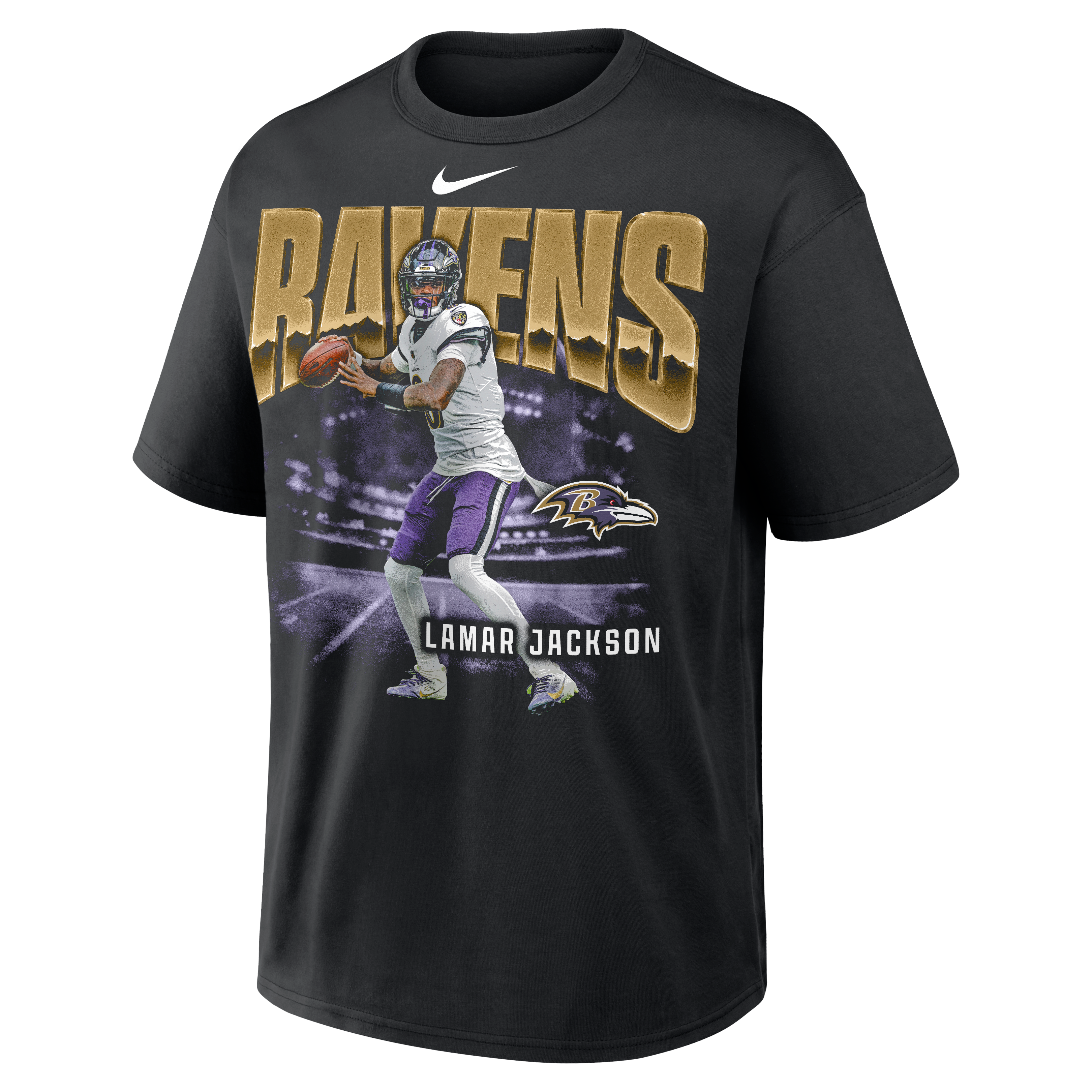 T-shirt Nike Max90 pour homme, noir, avec logo de Lamar Jackson, joueur des Ravens Baltimore.