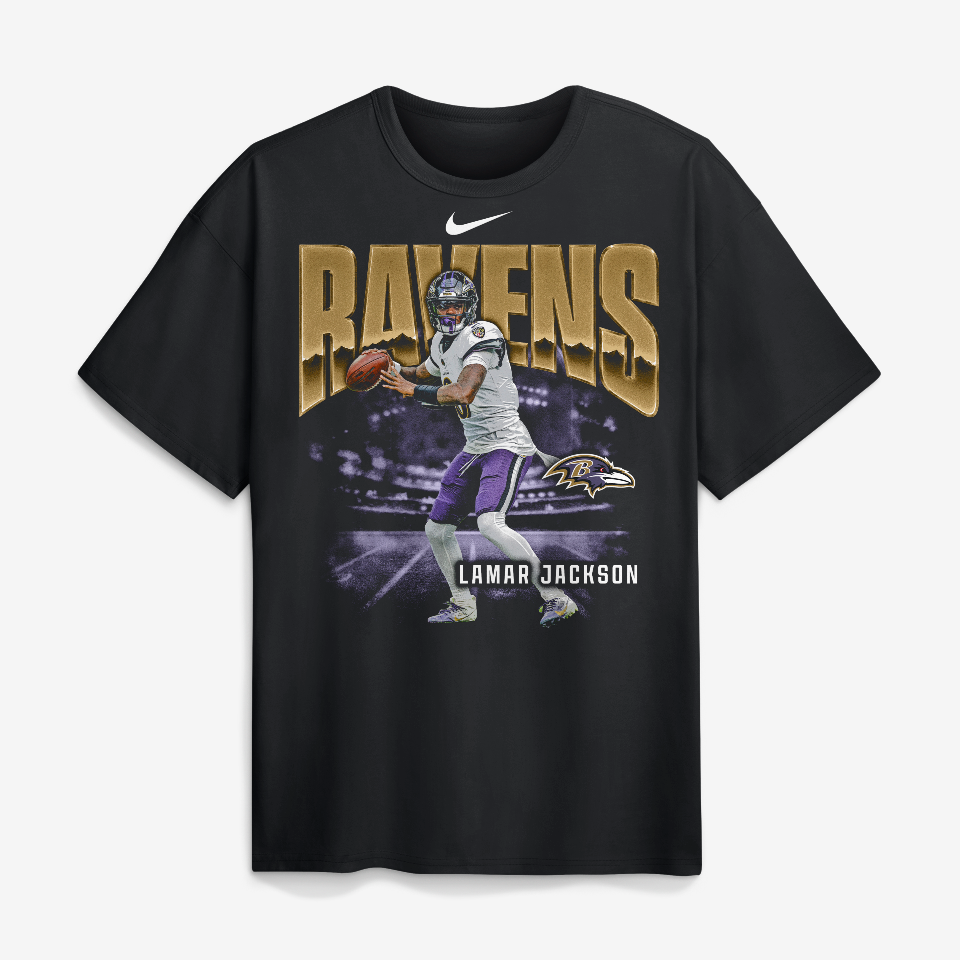 T-shirt Nike Max90 pour homme, noir, avec logo de Lamar Jackson, joueur des Ravens Baltimore.