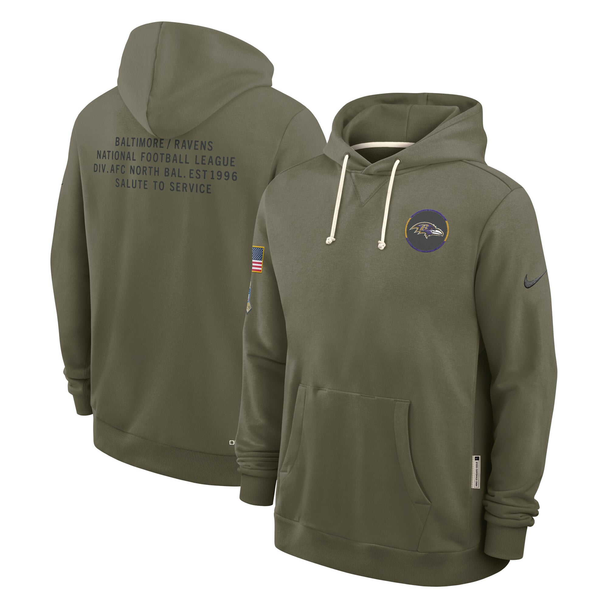Sweat à capuche Nike Dri-FIT olive pour homme, Baltimore Ravens 2025 Salute to Service Sideline Standard Issue