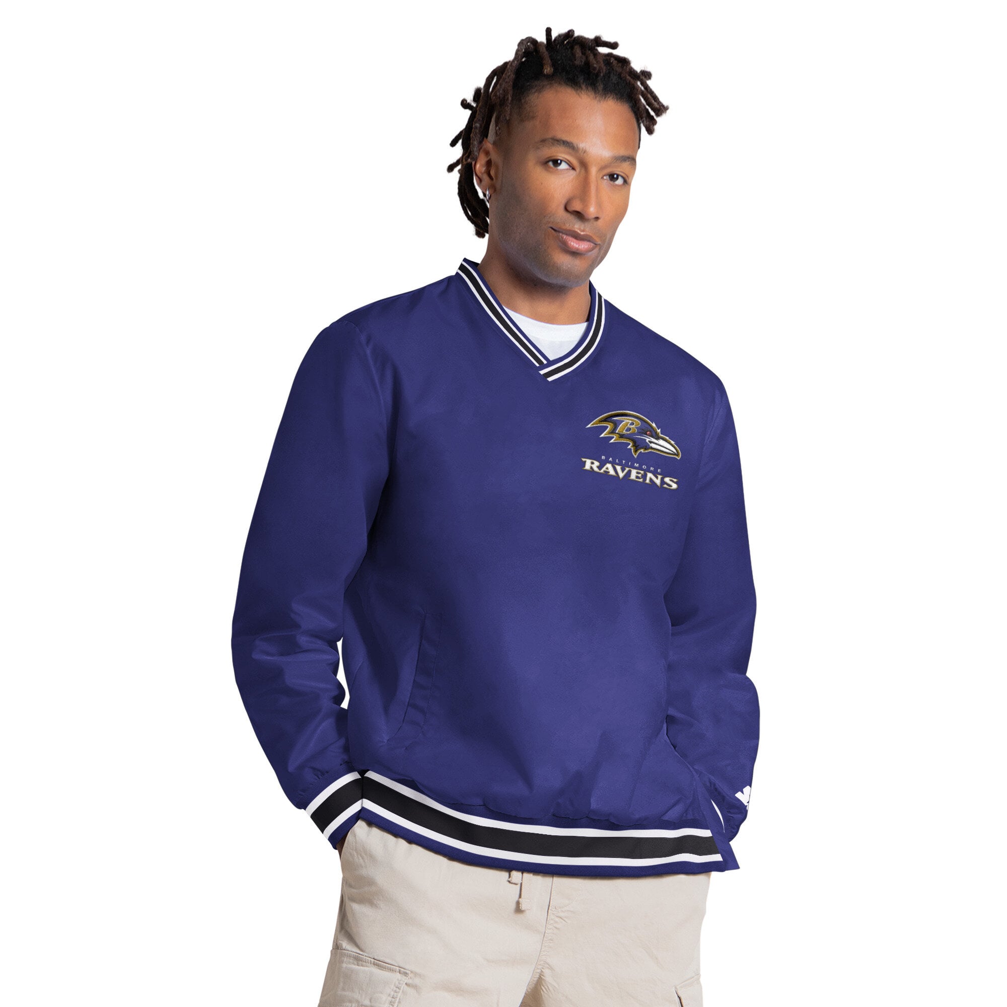 Pull à col en V Starter Lamar Jackson violet Baltimore Ravens pour homme