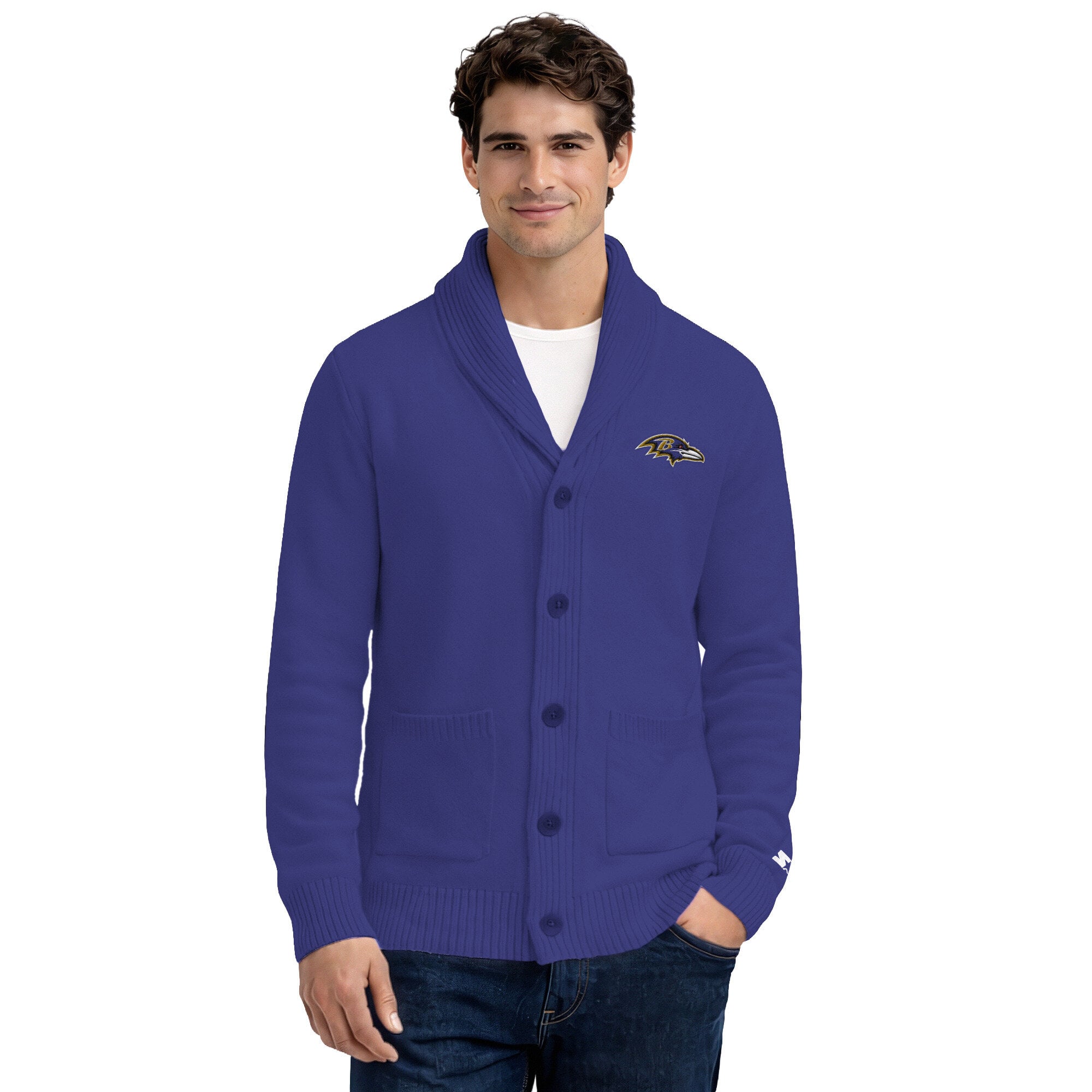 Gilet cardigan Starter violet Baltimore Ravens pour homme, col châle, maille épaisse