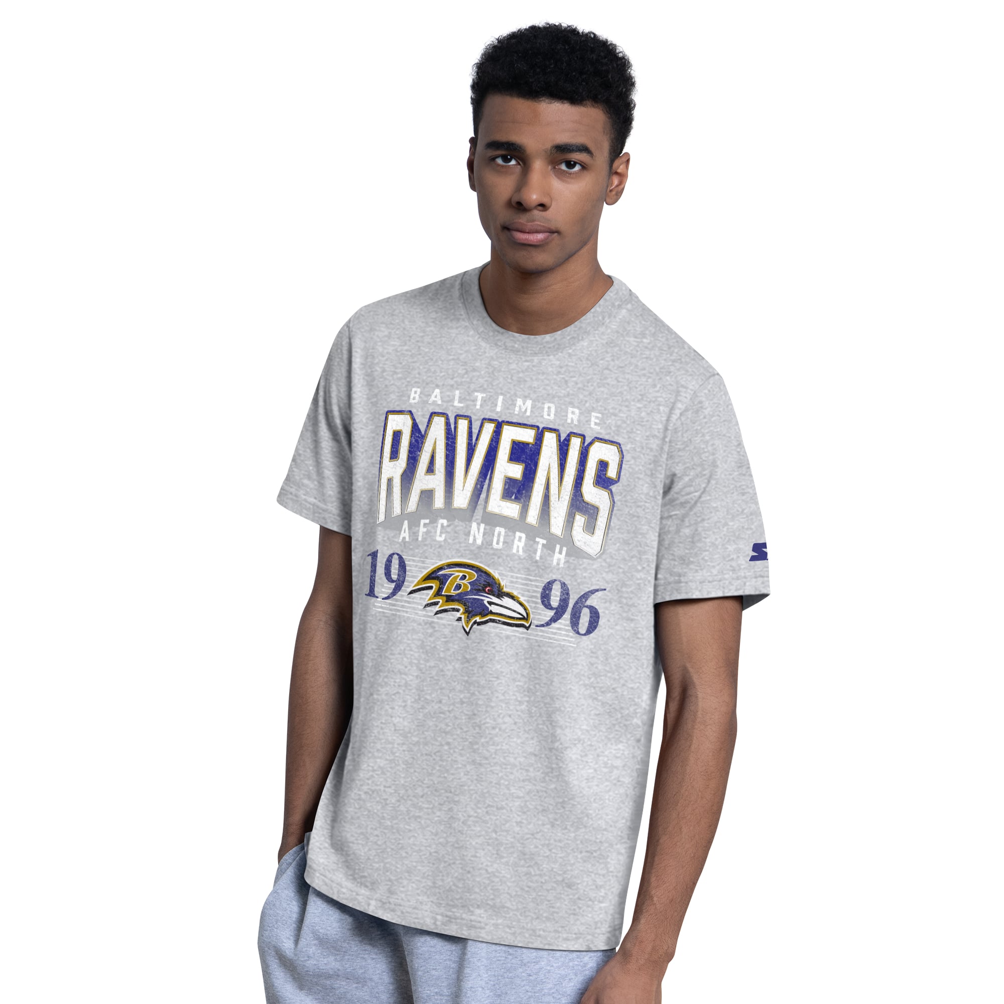 Lot de deux t-shirts à logo Baltimore Ravens pour homme, couleur violet/gris chiné, la marque Starter.