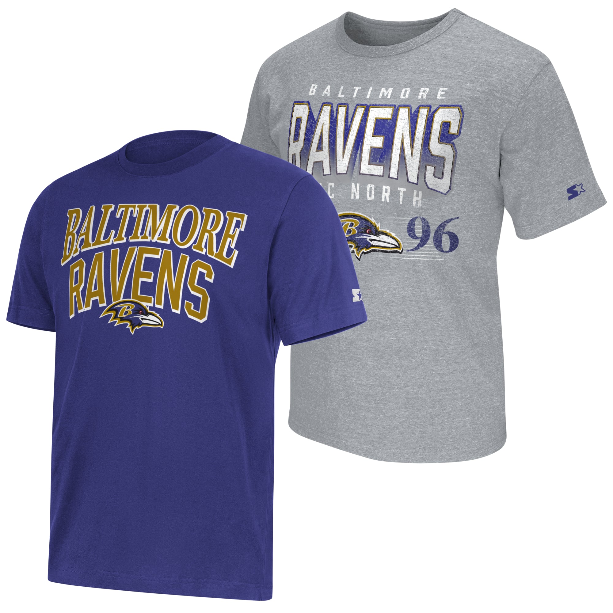 Lot de deux t-shirts à logo Baltimore Ravens pour homme, couleur violet/gris chiné, la marque Starter.