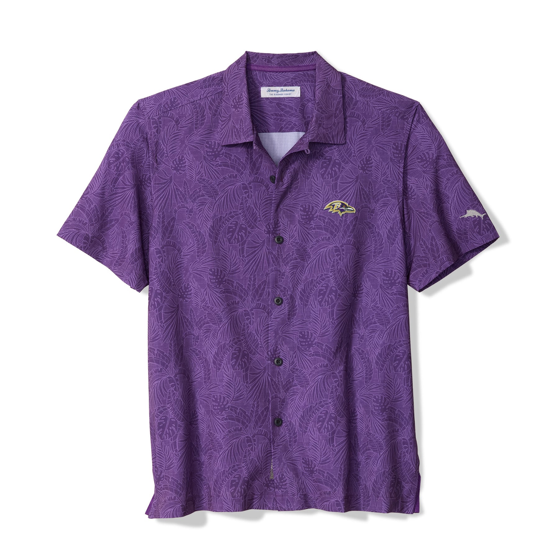 Chemise à manches courtes boutonnée Tommy Bahama pour homme, violette, Baltimore Ravens, motif Saltwater Fronds