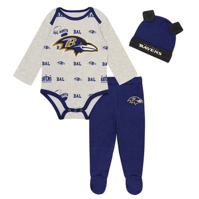 Baltimore Ravens Outerstuff Newborn Huddles & Giggles 3-Piece Pant and Hat Set - Heather Gray
