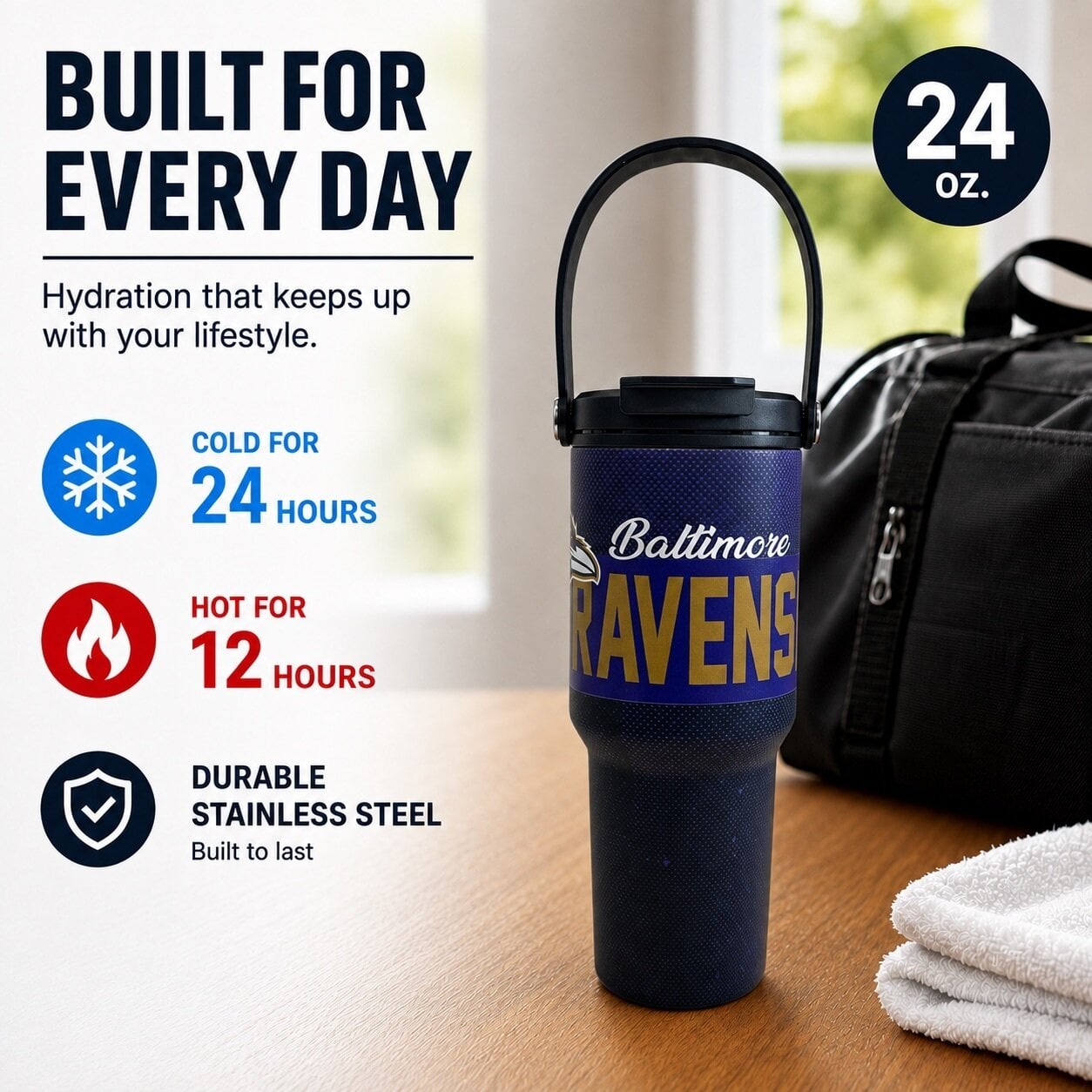 Pegasus Baltimore Ravens 24oz. Speckled Gradient Stainless Steel Dual Top Water Bottle