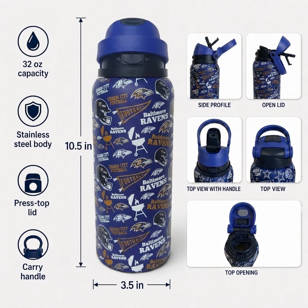 Gourde Pegasus Baltimore Ravens 32 oz en acier inoxydable ProPress avec fanion pour les jours de match
