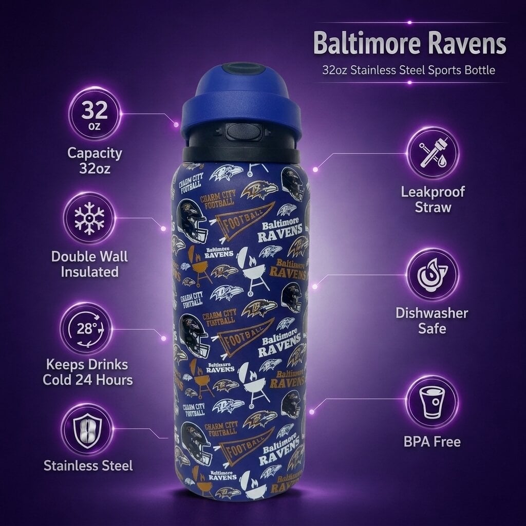 Gourde Pegasus Baltimore Ravens 32 oz en acier inoxydable ProPress avec fanion pour les jours de match