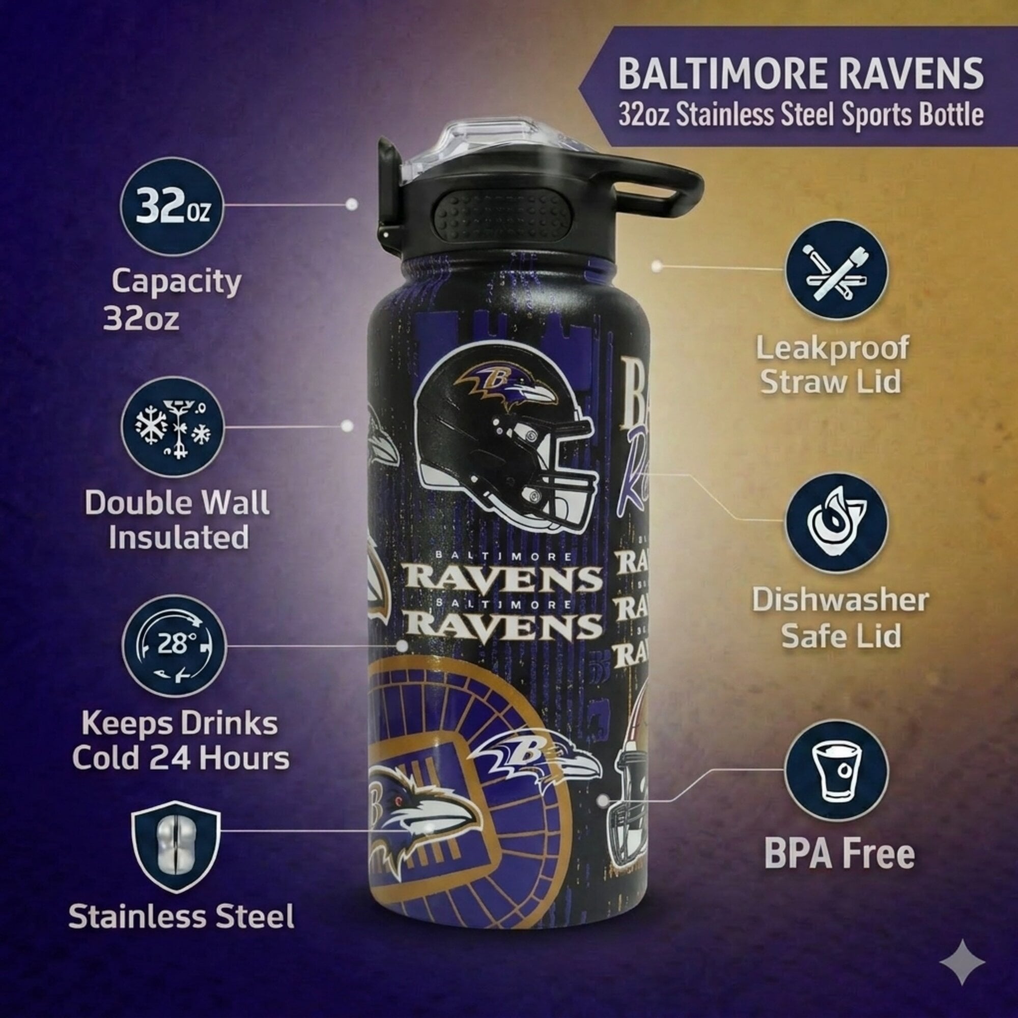Pegasus Baltimore Ravens 32oz. Home Field Mashup Stainless Steel ProPress Water Bottle