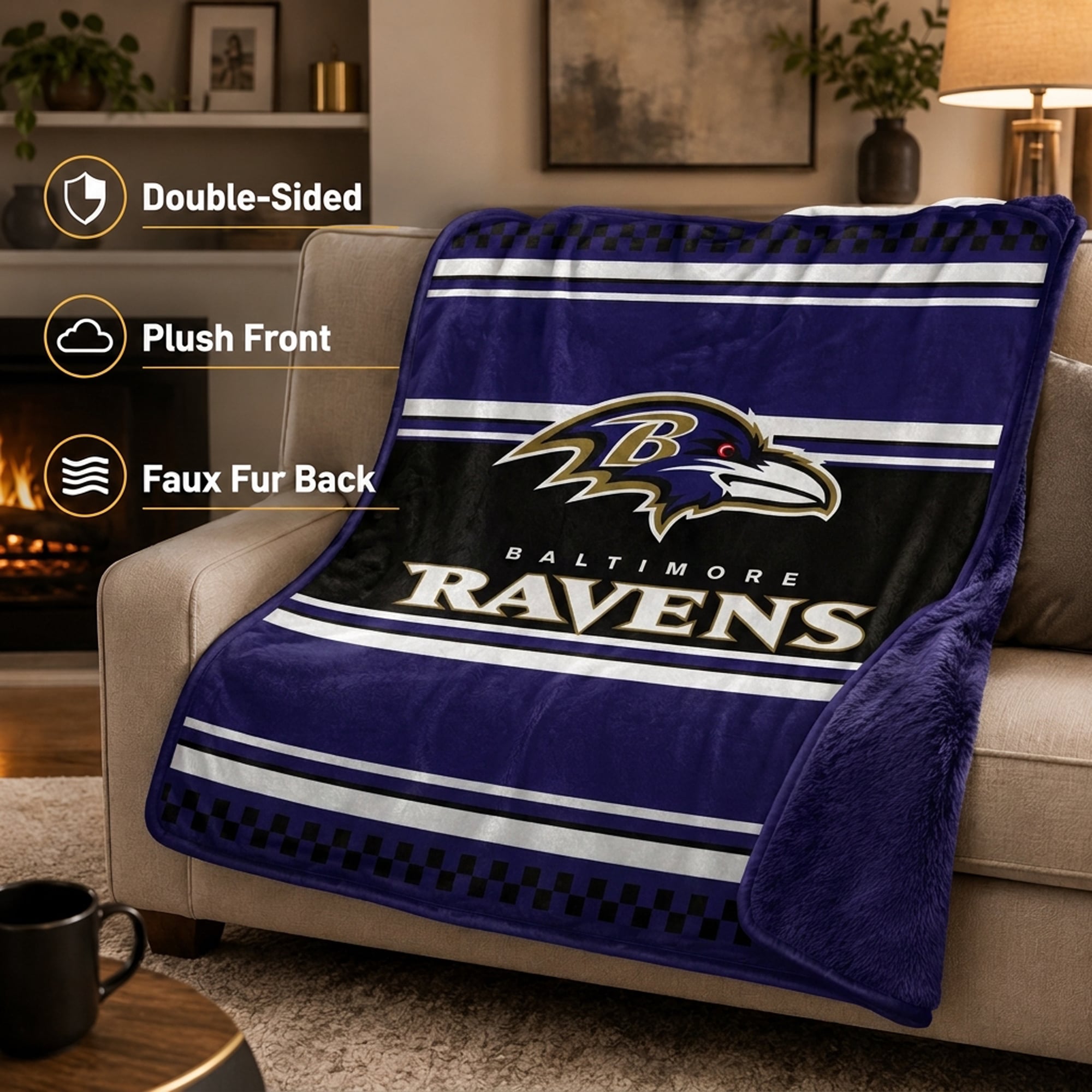 Couverture en fausse fourrure à carreaux Pegasus Baltimore Ravens 60" x 70"