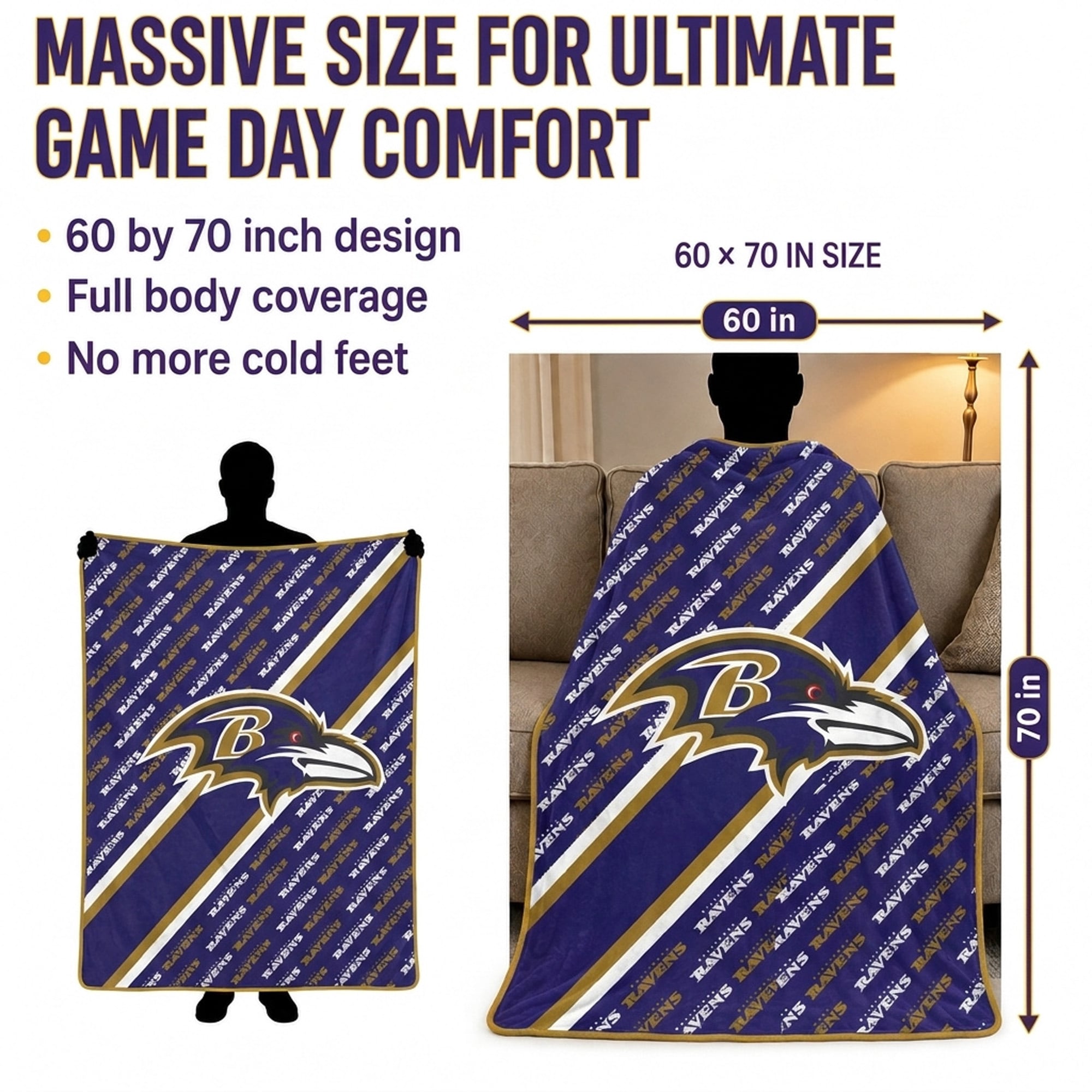 Pegasus Baltimore Ravens 60" x 70" Diagonal Lined Wordmark Ultra Soft Blanket