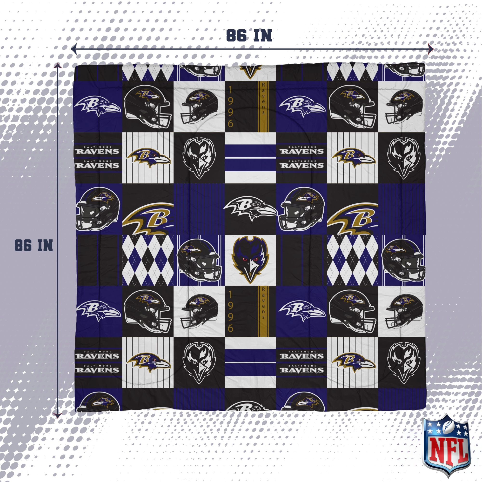 Ensemble de literie trois pièces à carreaux patchwork Pegasus Baltimore Ravens pour lit double/queen