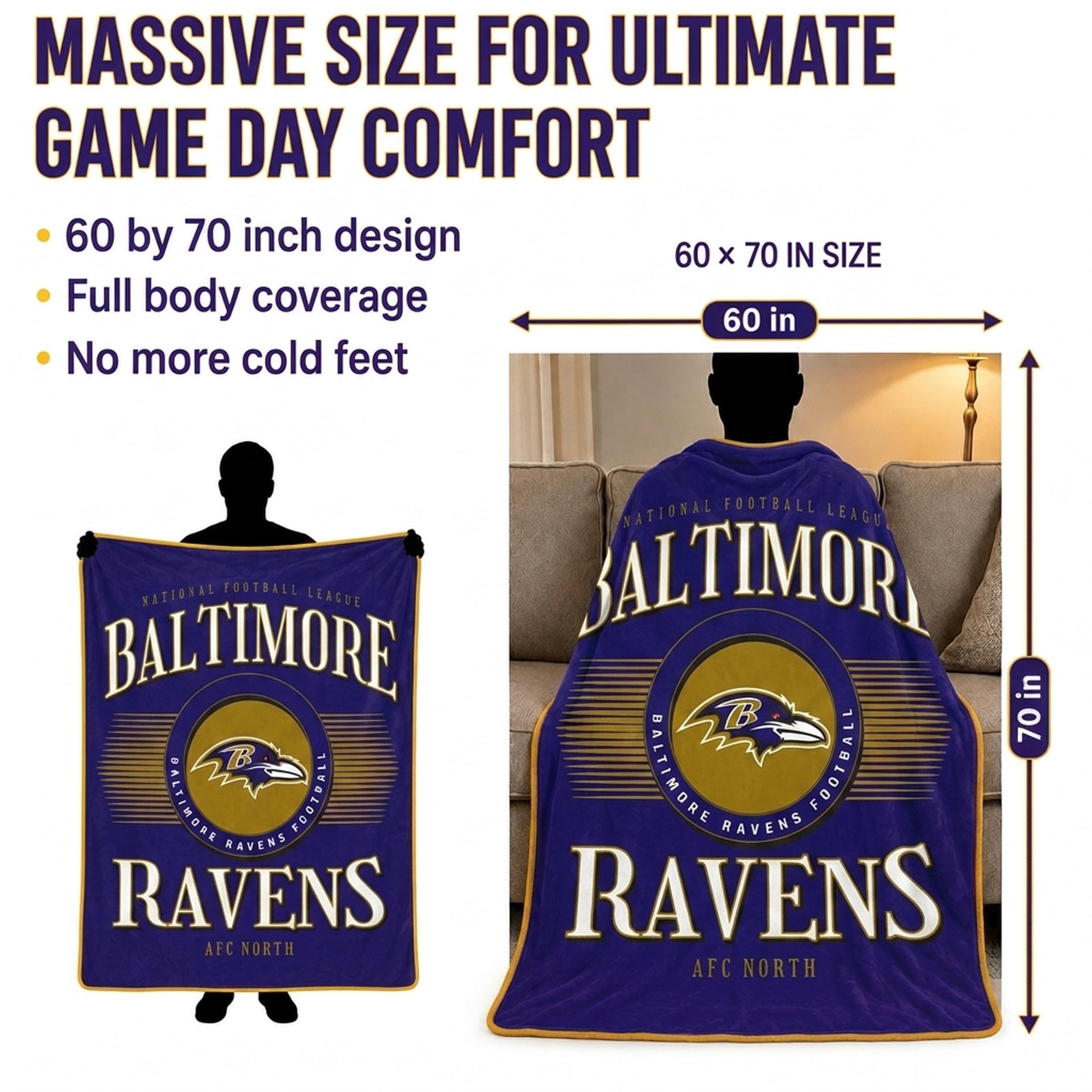 Couverture Pegasus Baltimore Ravens Spotlight Arch 60" x 70" ultra douce