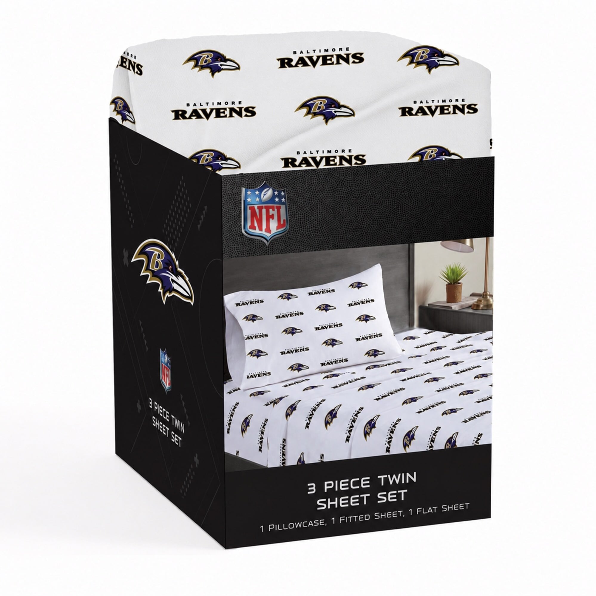 Ensemble de draps trois pièces Pegasus Baltimore Ravens pour lit simple