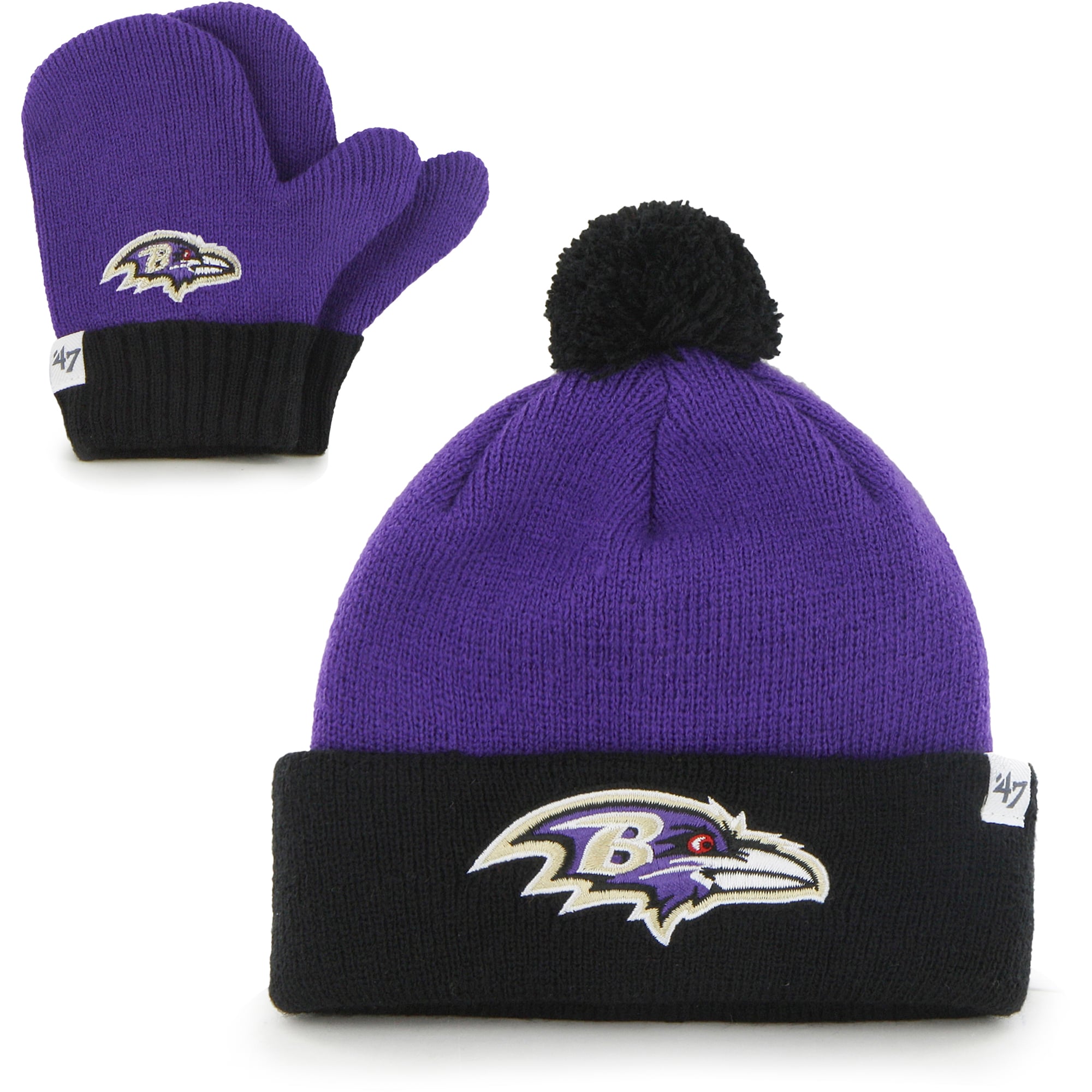 Ensemble bonnet en tricot à revers Bam Bam des Ravens de Baltimore '47 violet/noir pour tout-petit avec pompon et mitaines
