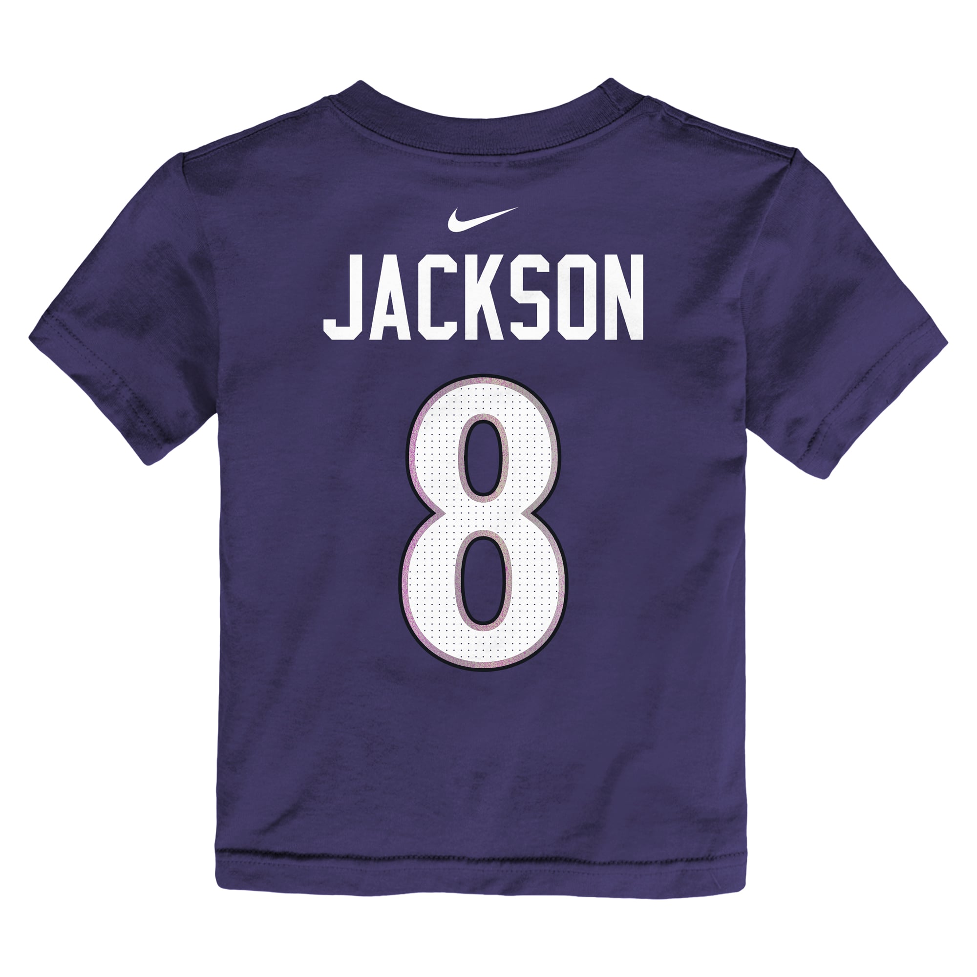 T-shirt Nike Lamar Jackson violet pour enfant, nom et numéro des Ravens de Baltimore