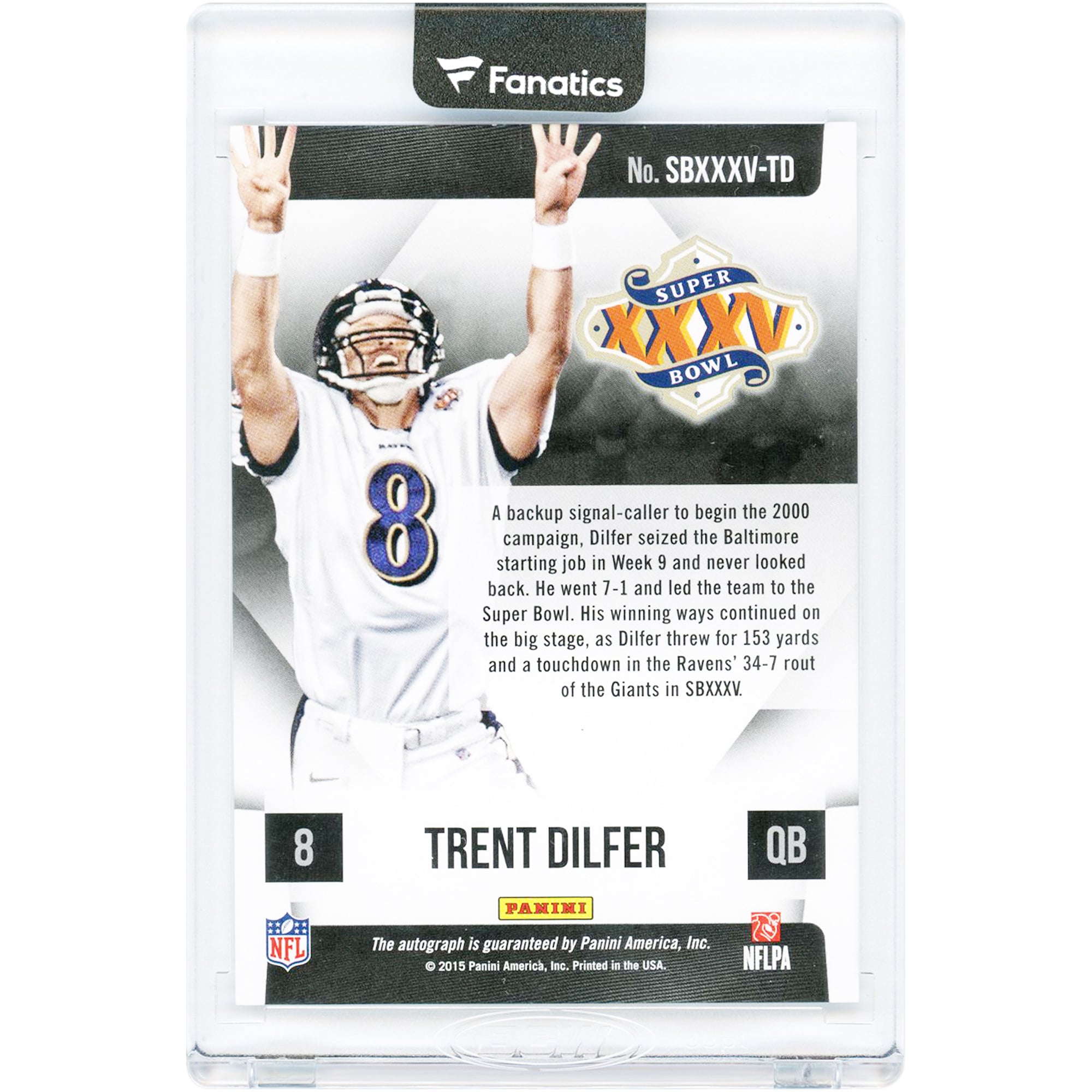 Carte Panini Super Bowl XXXV 2015 autographiée par Trent Dilfer (Ravens de Baltimore) #SBXXXV-TD
