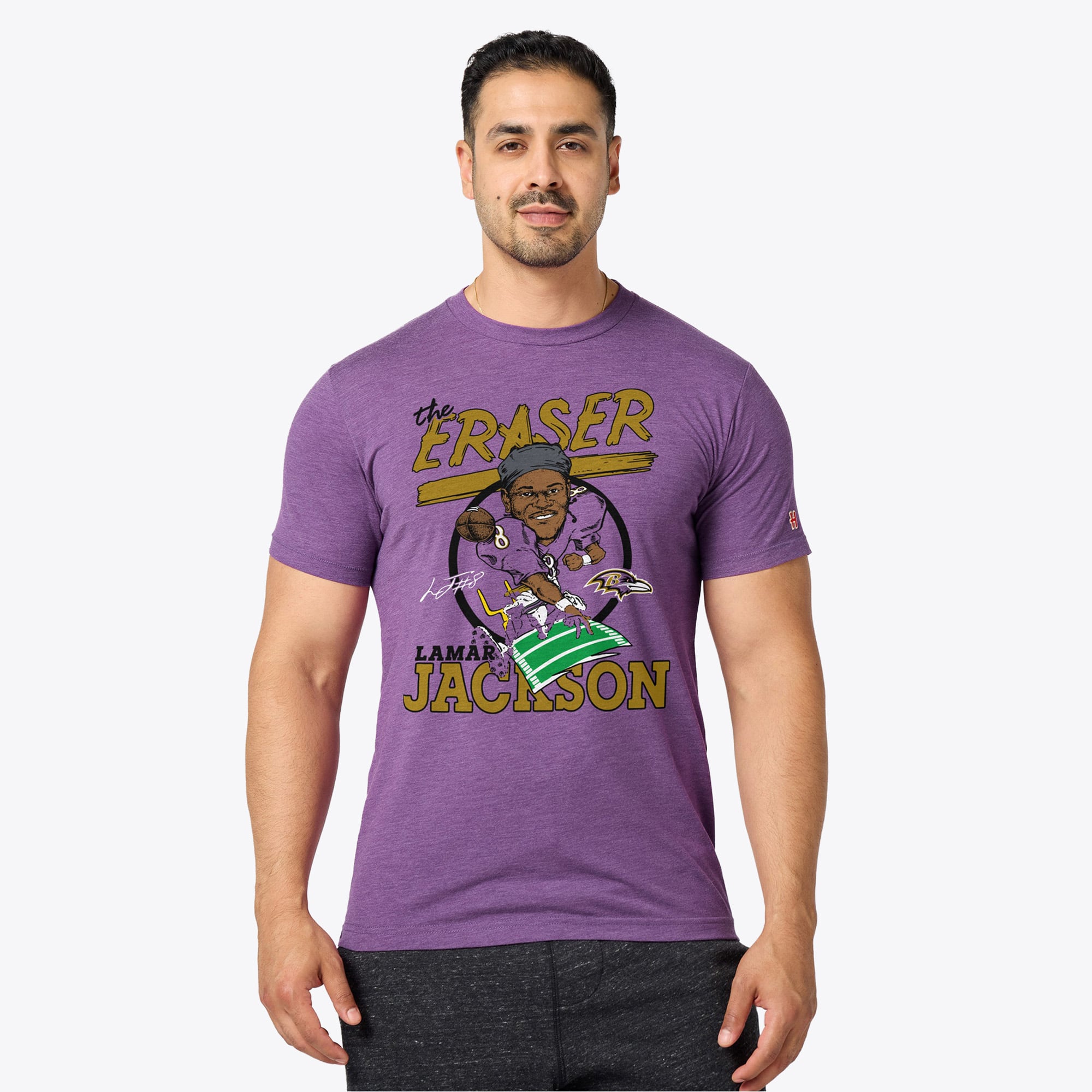 T-shirt unisexe en mélange de trois matières, hommage à Lamar Jackson, violet, Baltimore Ravens, avec caricature du joueur
