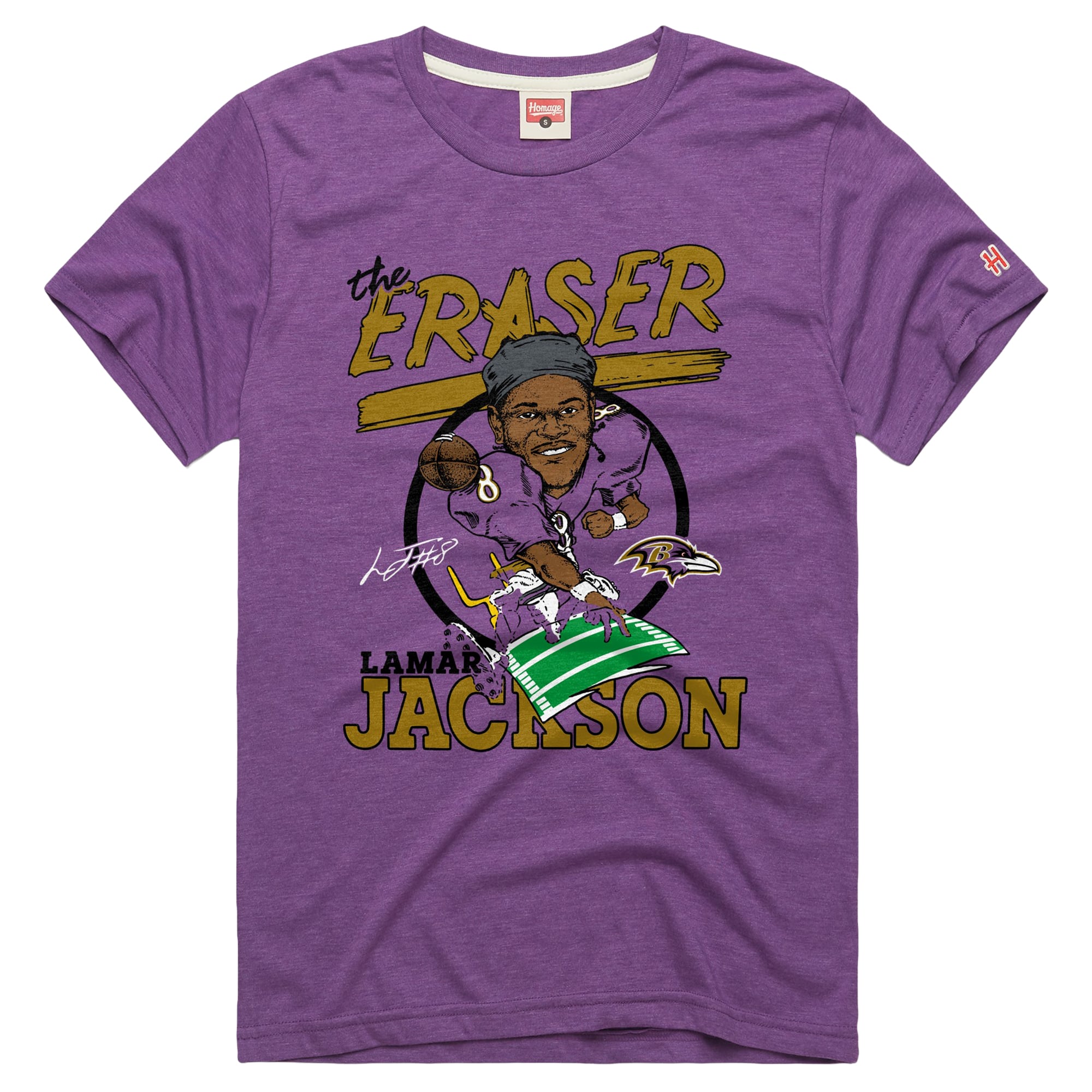 T-shirt unisexe en mélange de trois matières, hommage à Lamar Jackson, violet, Baltimore Ravens, avec caricature du joueur