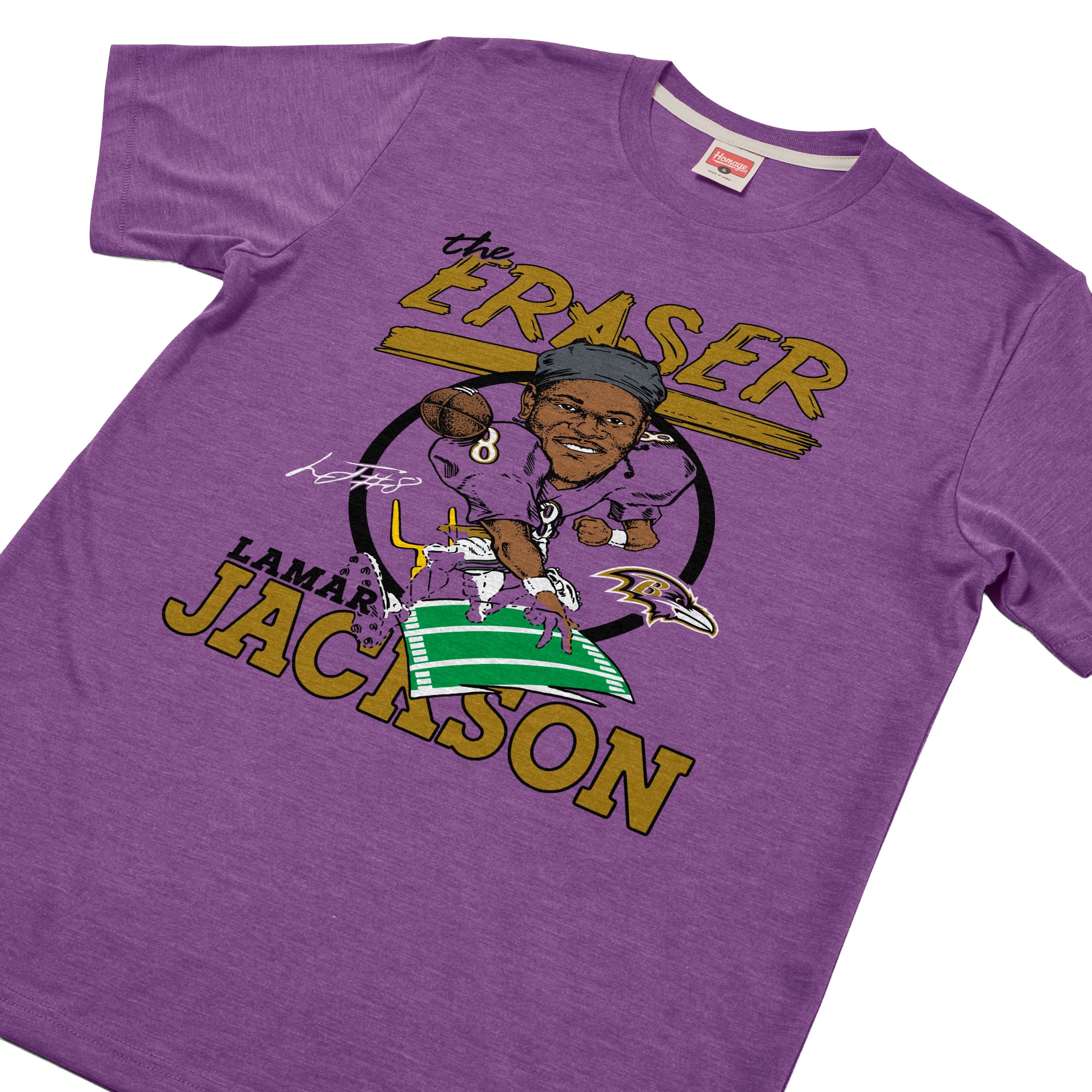T-shirt unisexe en mélange de trois matières, hommage à Lamar Jackson, violet, Baltimore Ravens, avec caricature du joueur
