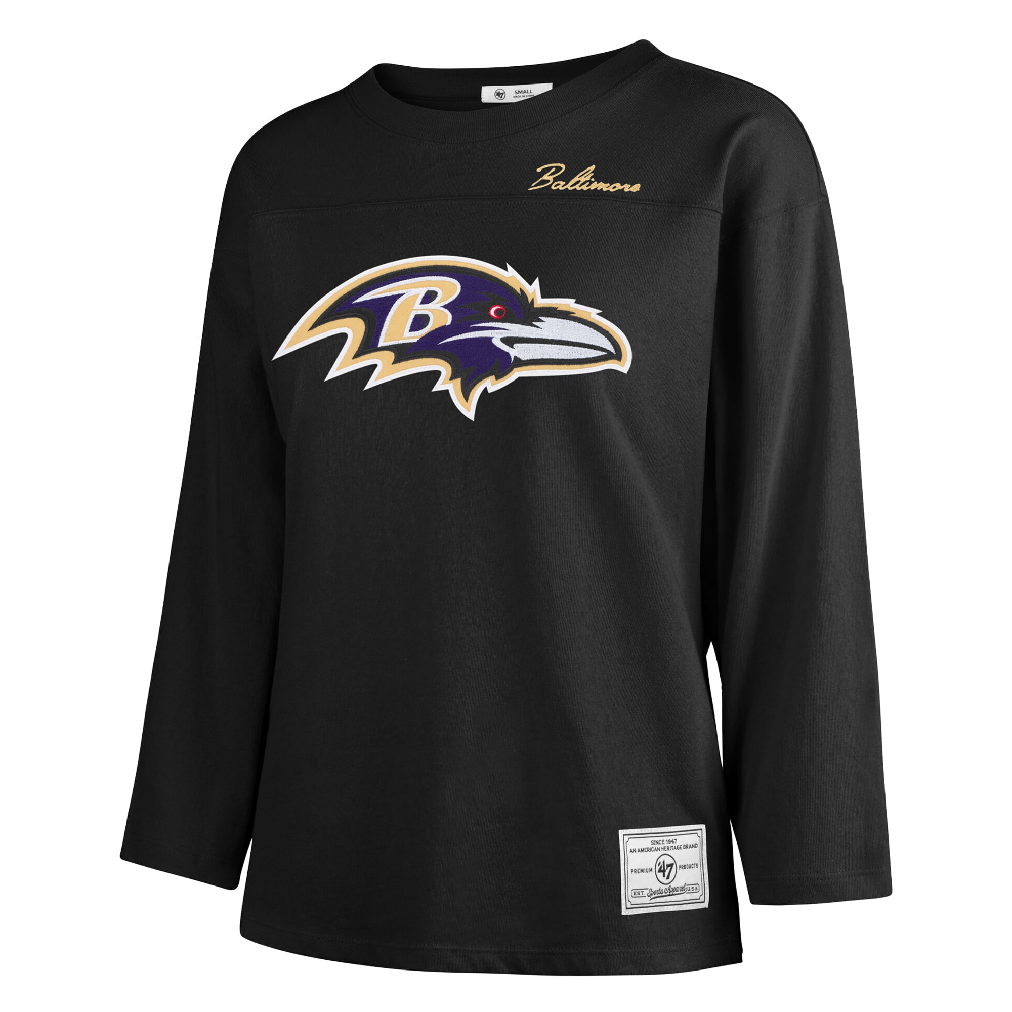 T-shirt à manches longues intemporel « 47 Black Baltimore Ravens Game Nod » pour femme