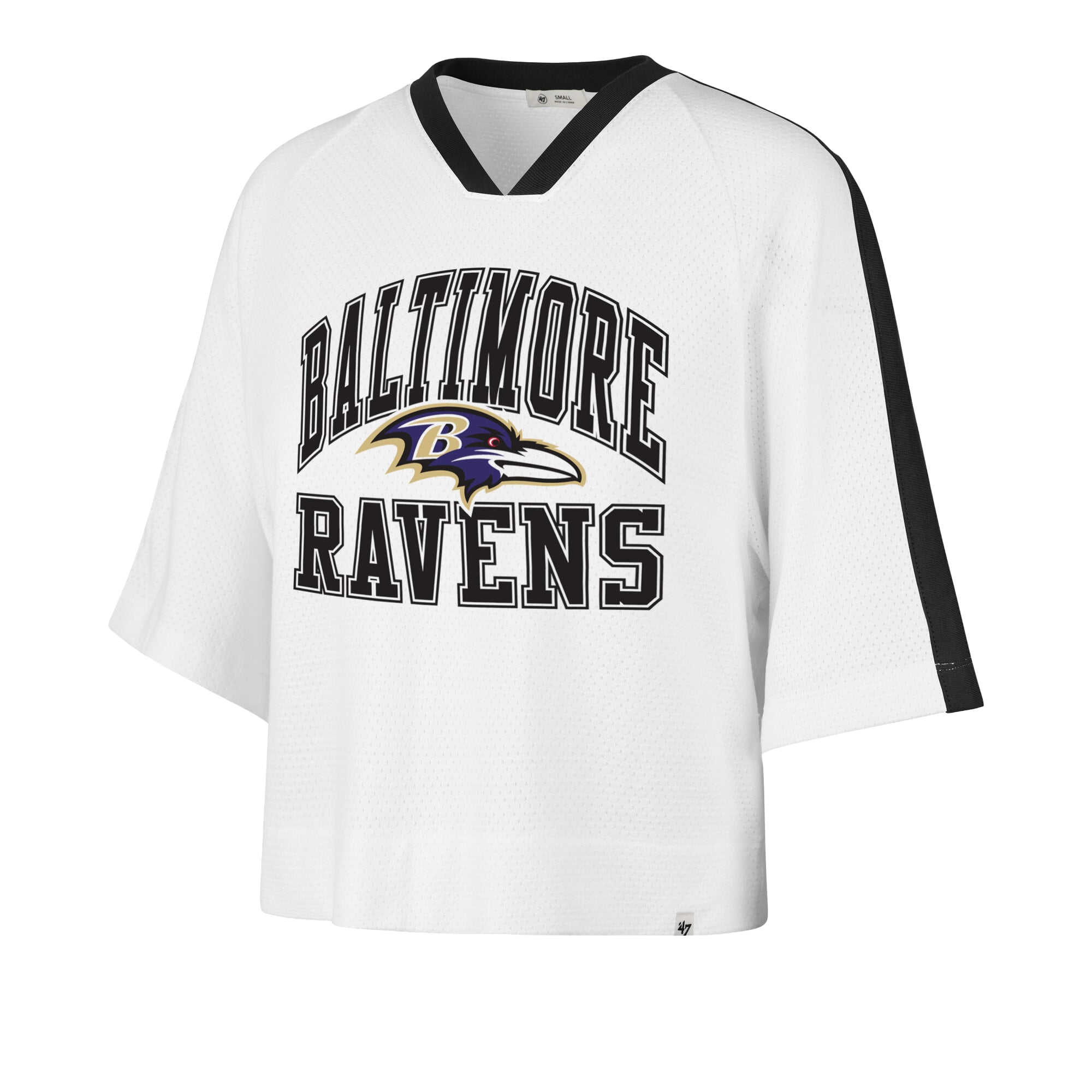 Women's '47 White Baltimore Ravens Big Overarch Drop Needle Raglan V-Neck T-Shirt