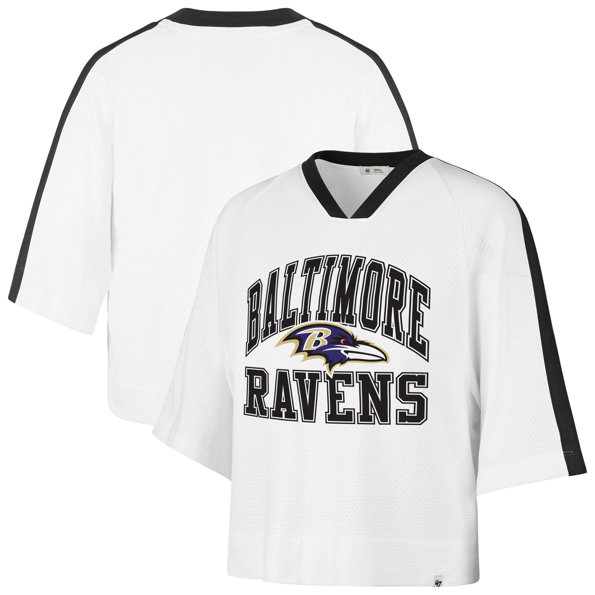 Women's '47 White Baltimore Ravens Big Overarch Drop Needle Raglan V-Neck T-Shirt