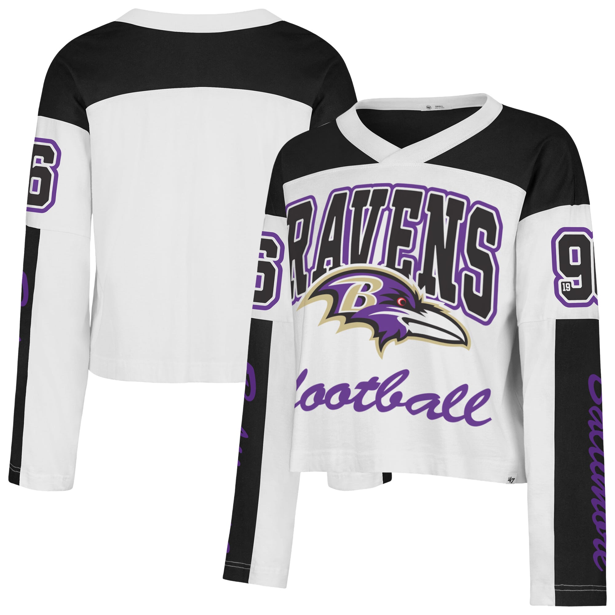 T-shirt à manches longues et col en V blanc Baltimore Ravens pour femme, modèle 47.