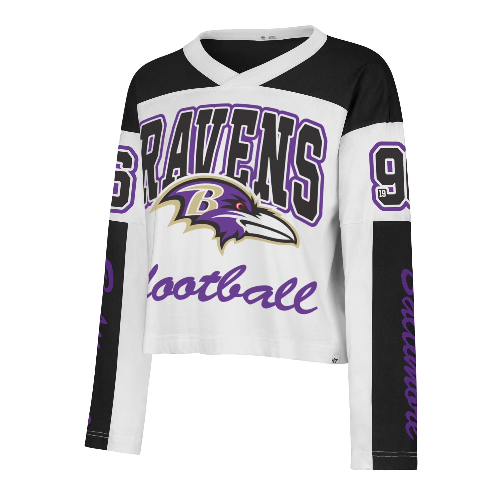 T-shirt à manches longues et col en V blanc Baltimore Ravens pour femme, modèle 47.