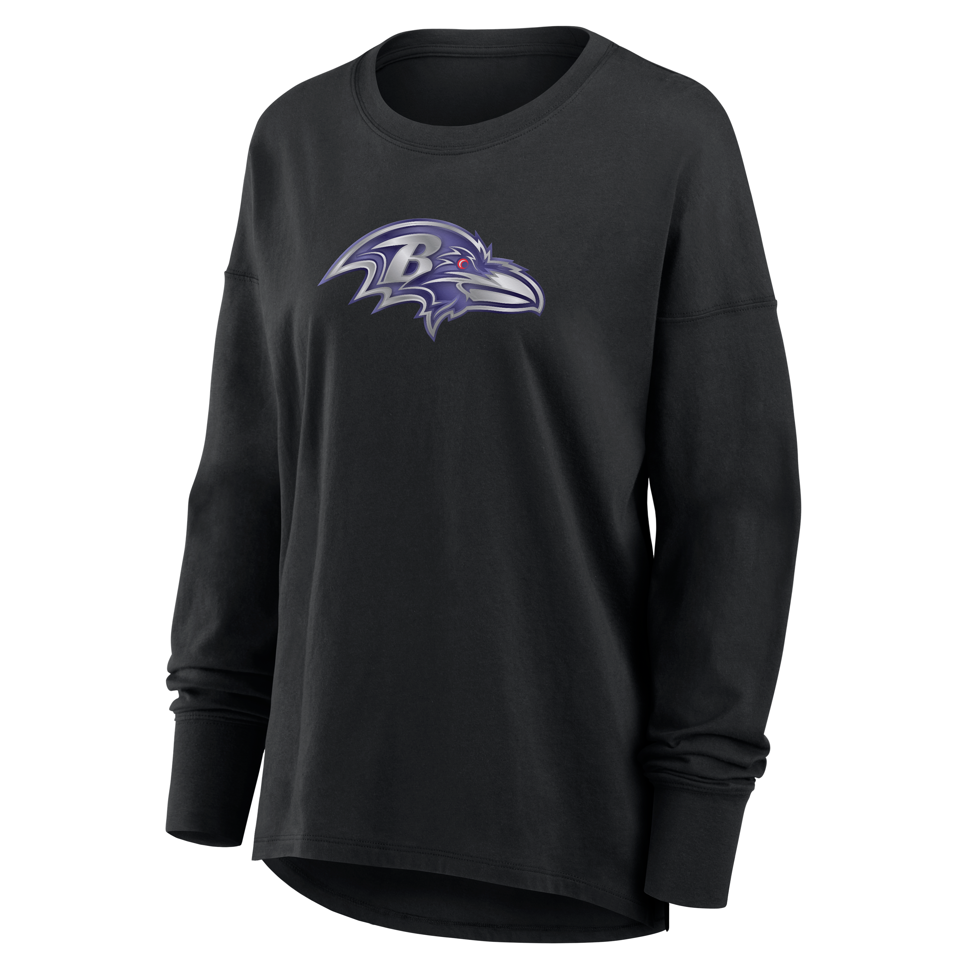 T-shirt à manches longues noir pour femme avec mascotte métallique des Ravens de Baltimore