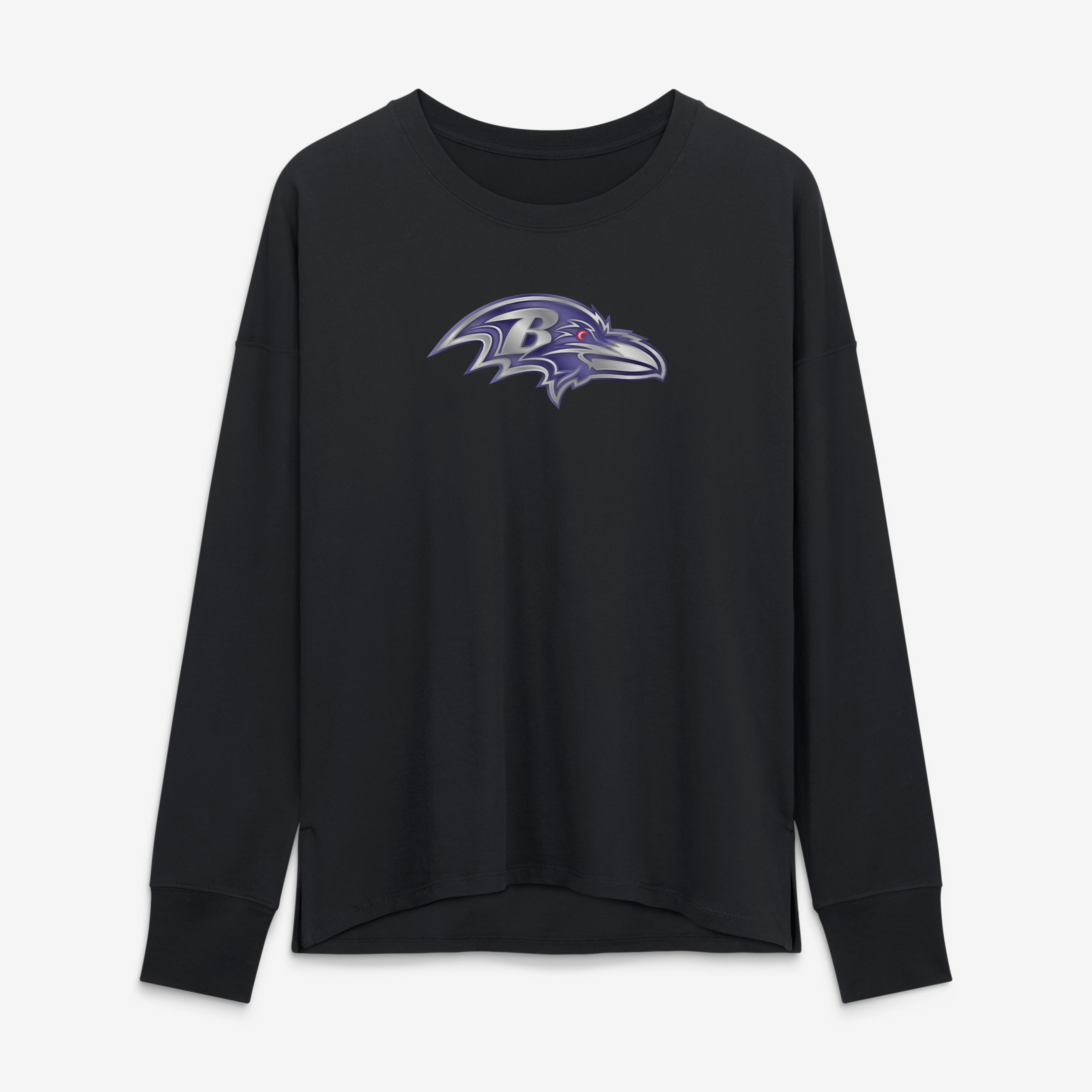 T-shirt à manches longues noir pour femme avec mascotte métallique des Ravens de Baltimore