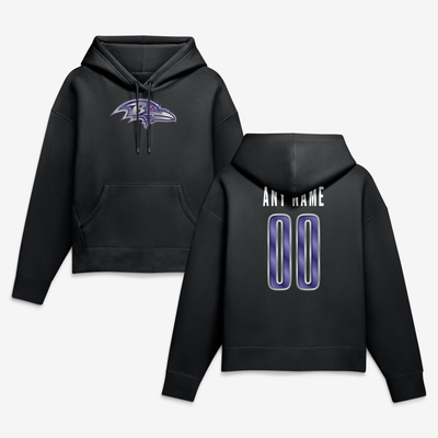 Baltimore Ravens Women's Metallic Mascot Personalized Name & Number Hoodie - Black