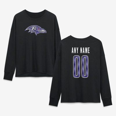 Baltimore Ravens Women's Metallic Mascot Personalized Name & Number Long Sleeve T-Shirt - Black