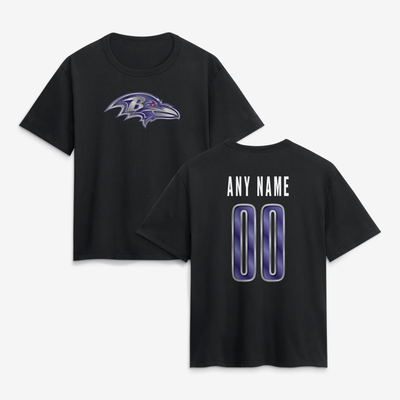 Baltimore Ravens Women's Metallic Mascot Personalized Name & Number T-Shirt - Black