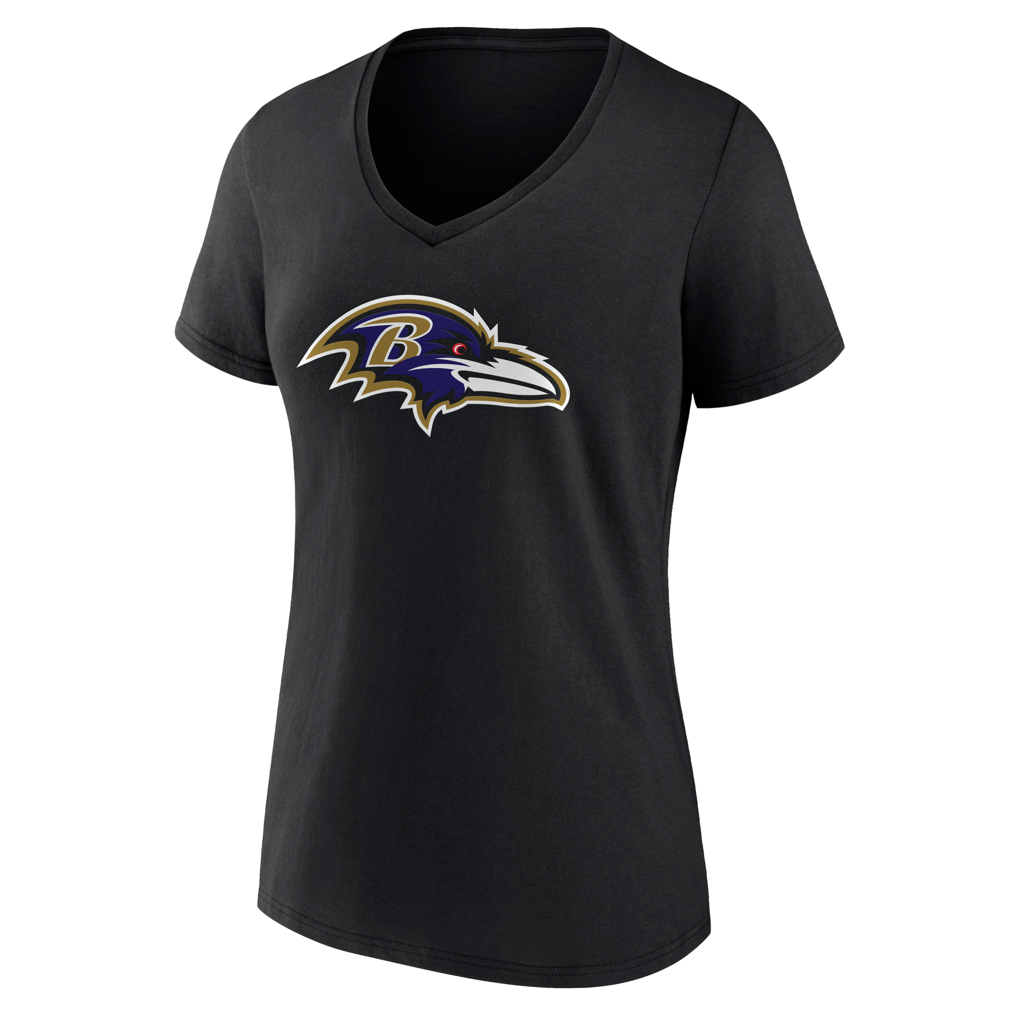 T-shirt noir authentique à col en V pour femme, aux couleurs des Ravens de Baltimore, avec nom et numéro personnalisés.
