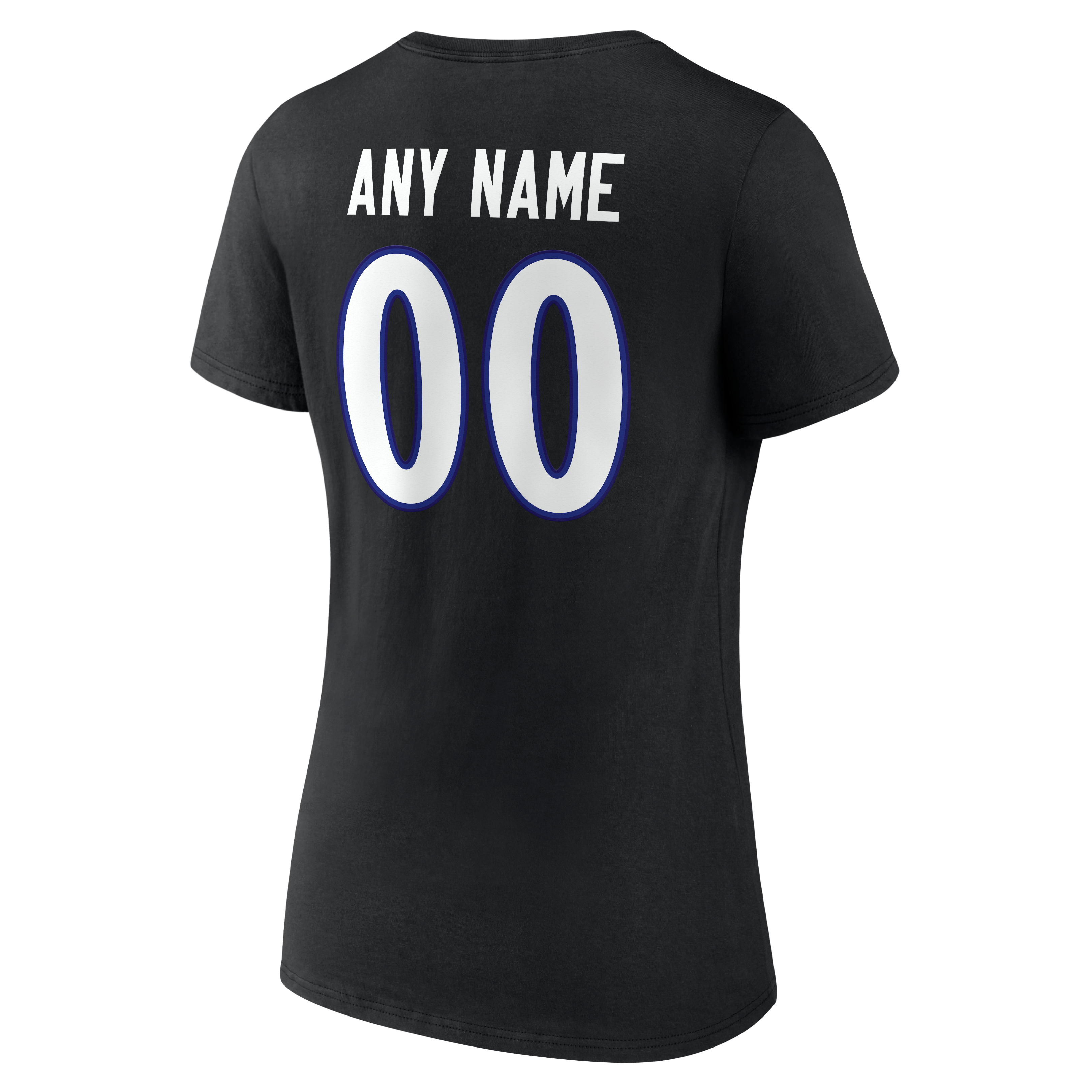 T-shirt noir authentique à col en V pour femme, aux couleurs des Ravens de Baltimore, avec nom et numéro personnalisés.