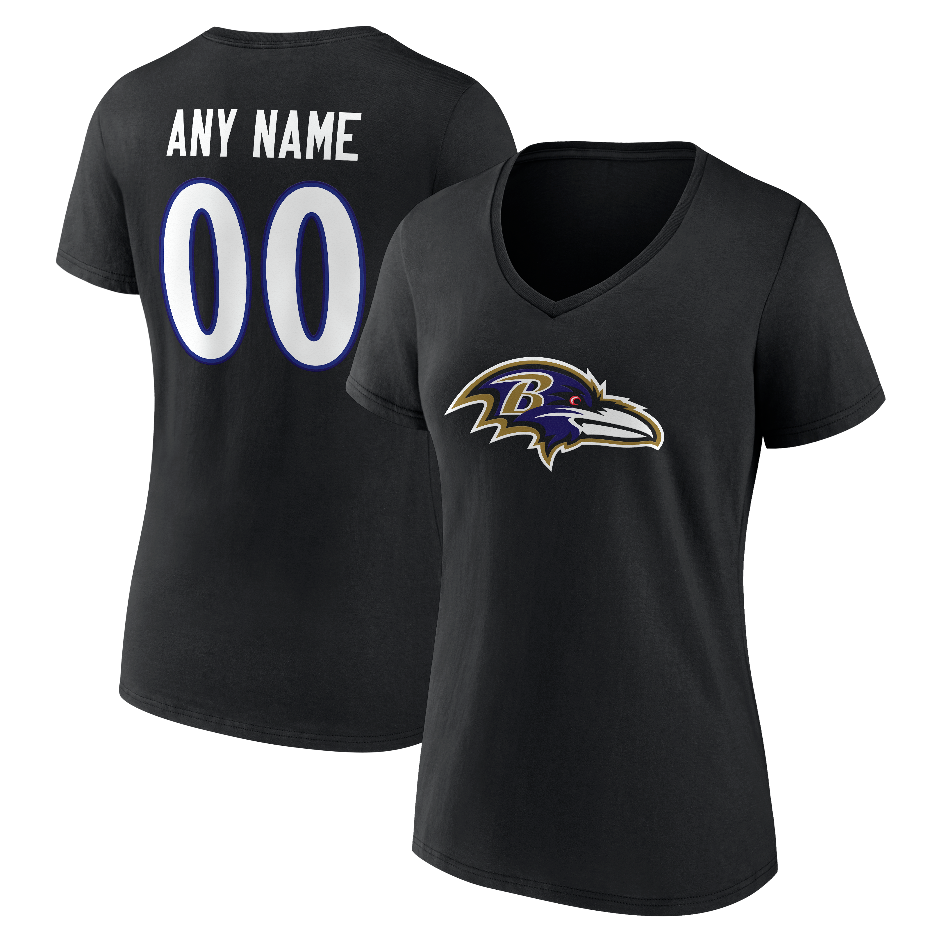 T-shirt noir authentique à col en V pour femme, aux couleurs des Ravens de Baltimore, avec nom et numéro personnalisés.