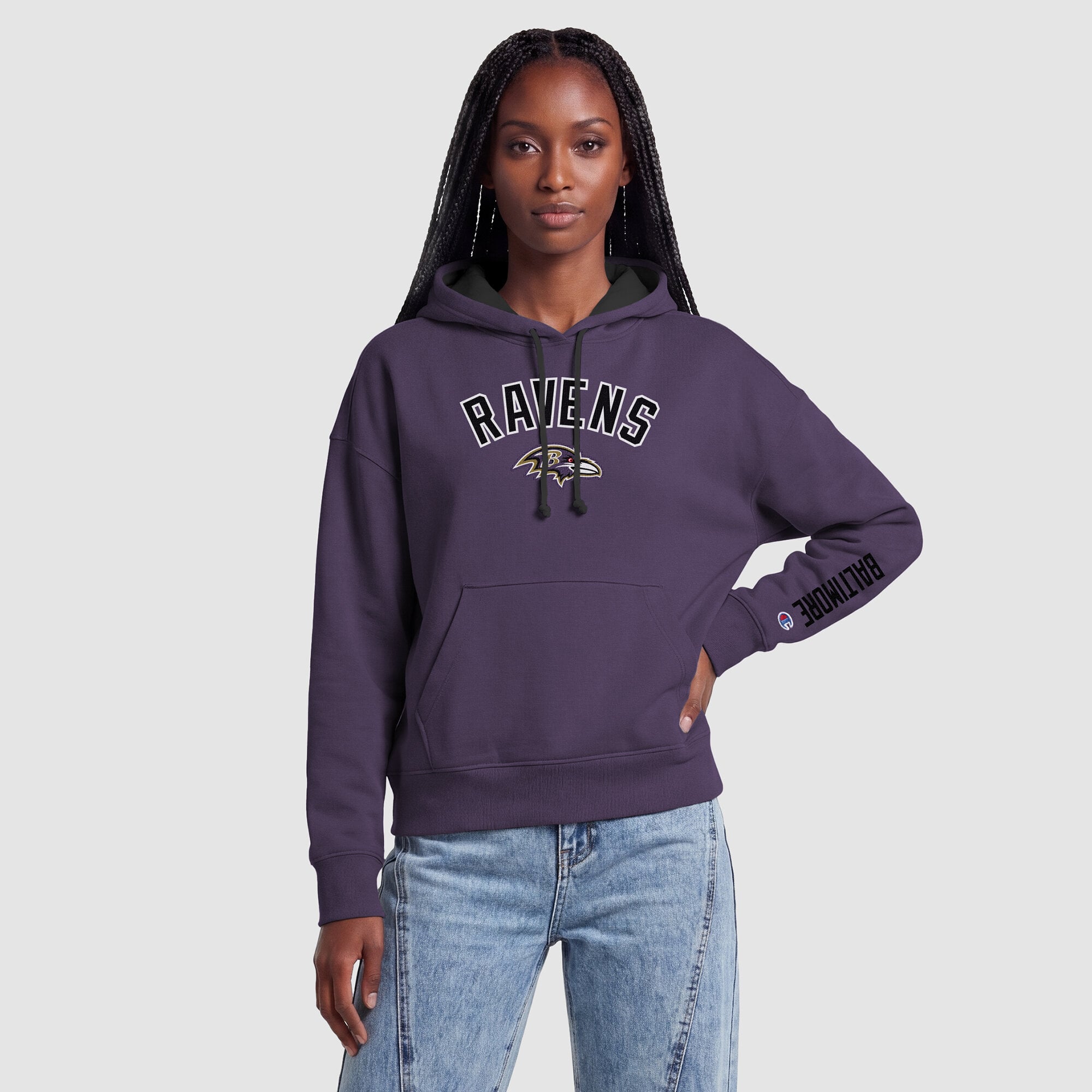 Sweat à capuche Champion violet/noir Baltimore Ravens pour femme avec doublure contrastée