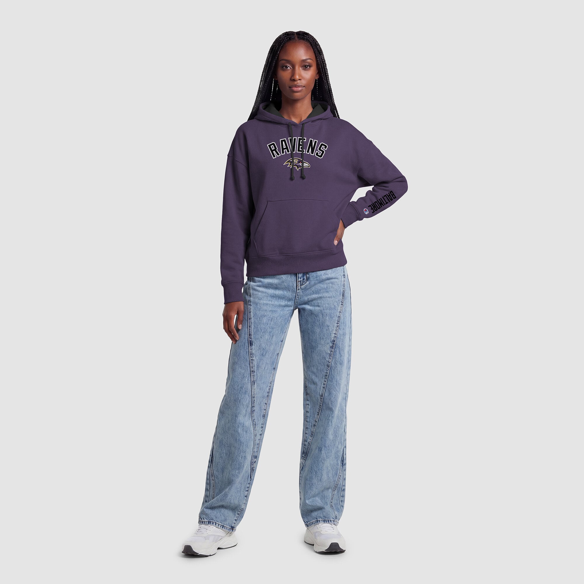 Sweat à capuche Champion violet/noir Baltimore Ravens pour femme avec doublure contrastée