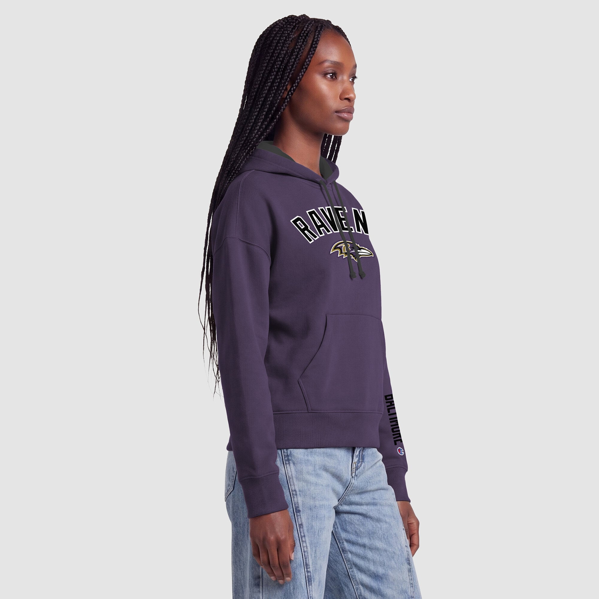 Sweat à capuche Champion violet/noir Baltimore Ravens pour femme avec doublure contrastée