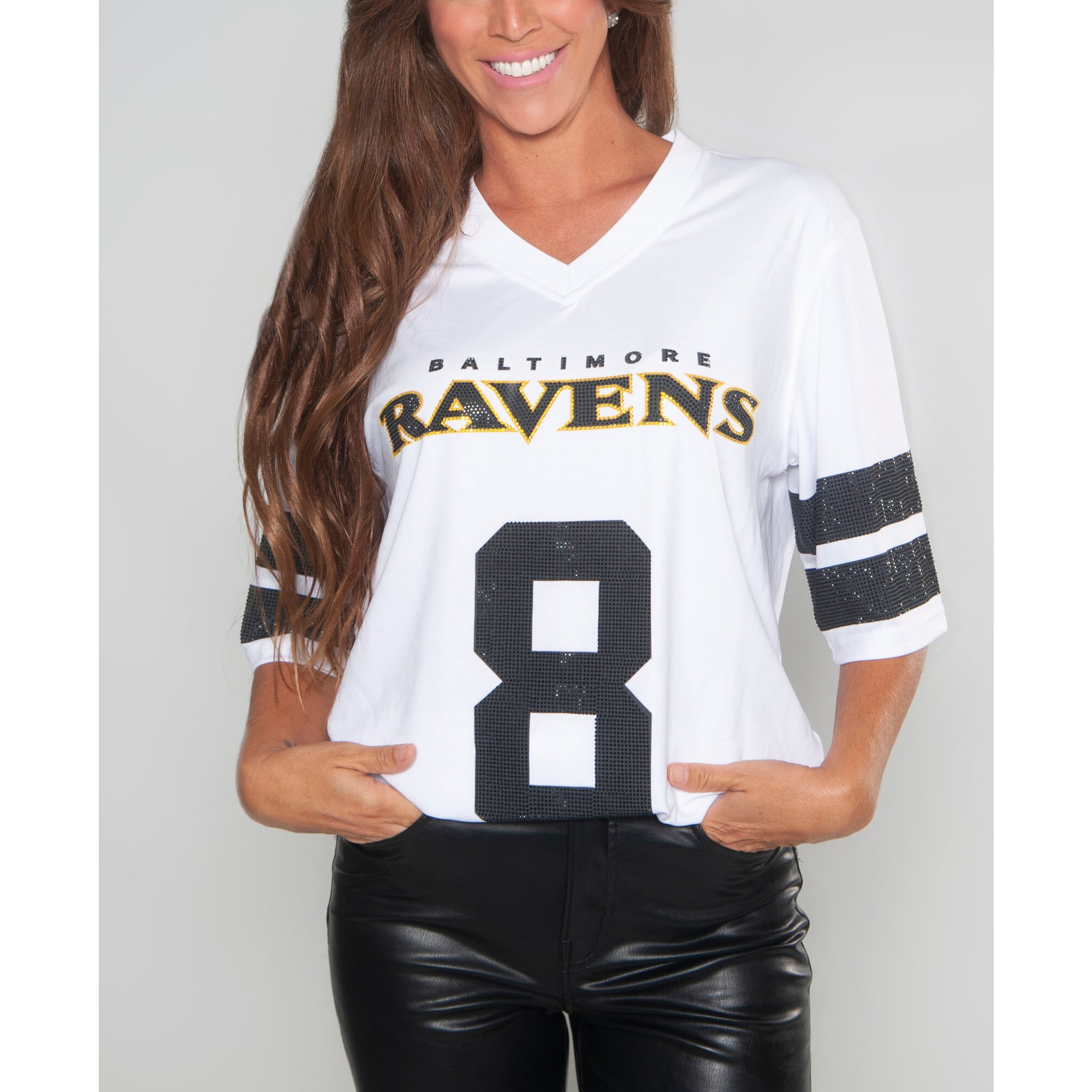 Tunique à col en V ornée de cristaux FABGATING by Cuce Lamar Jackson White Baltimore Ravens