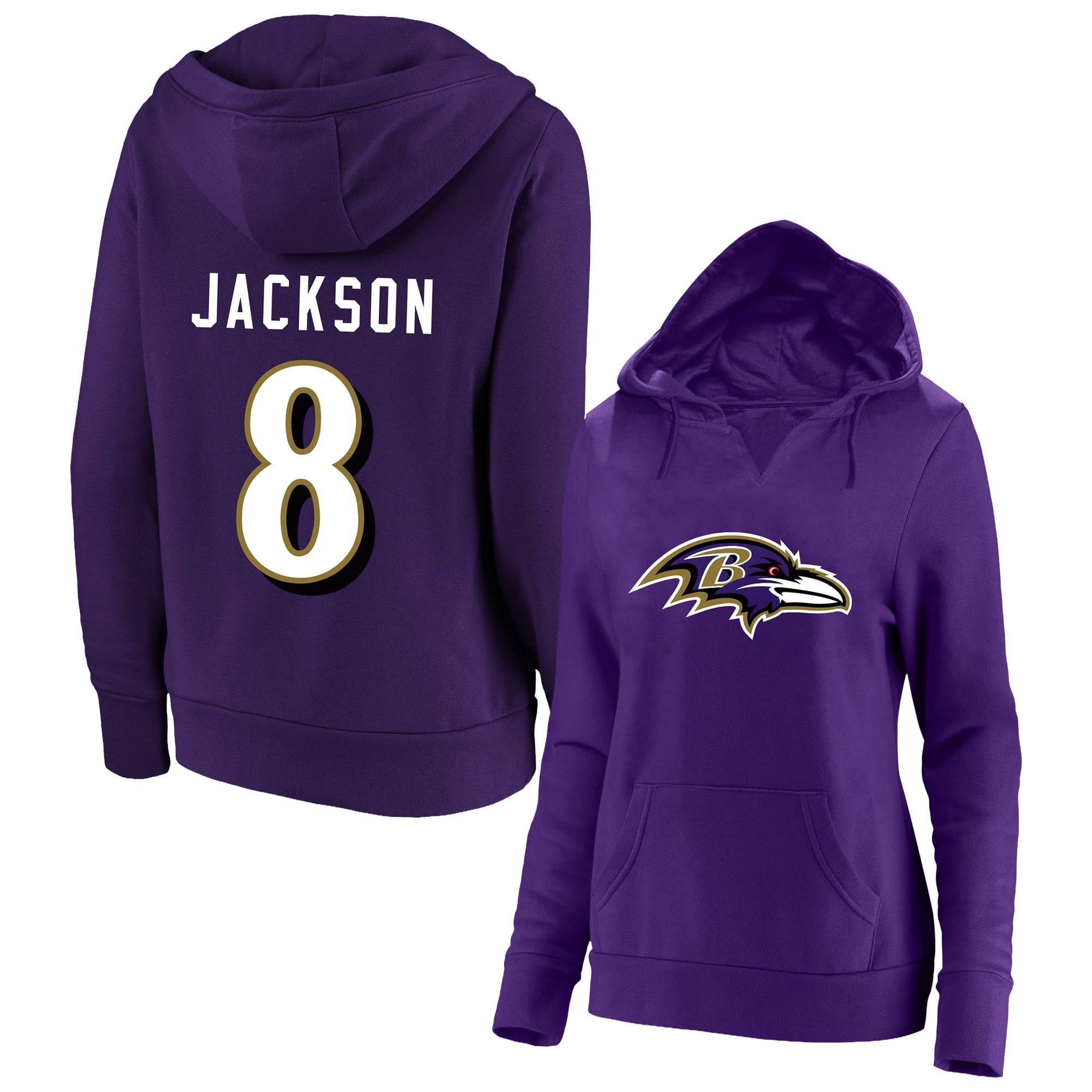 Sweat à capuche Fanatics Lamar Jackson violet Baltimore Ravens pour femme, grande taille, avec nom et numéro du joueur col cranté.