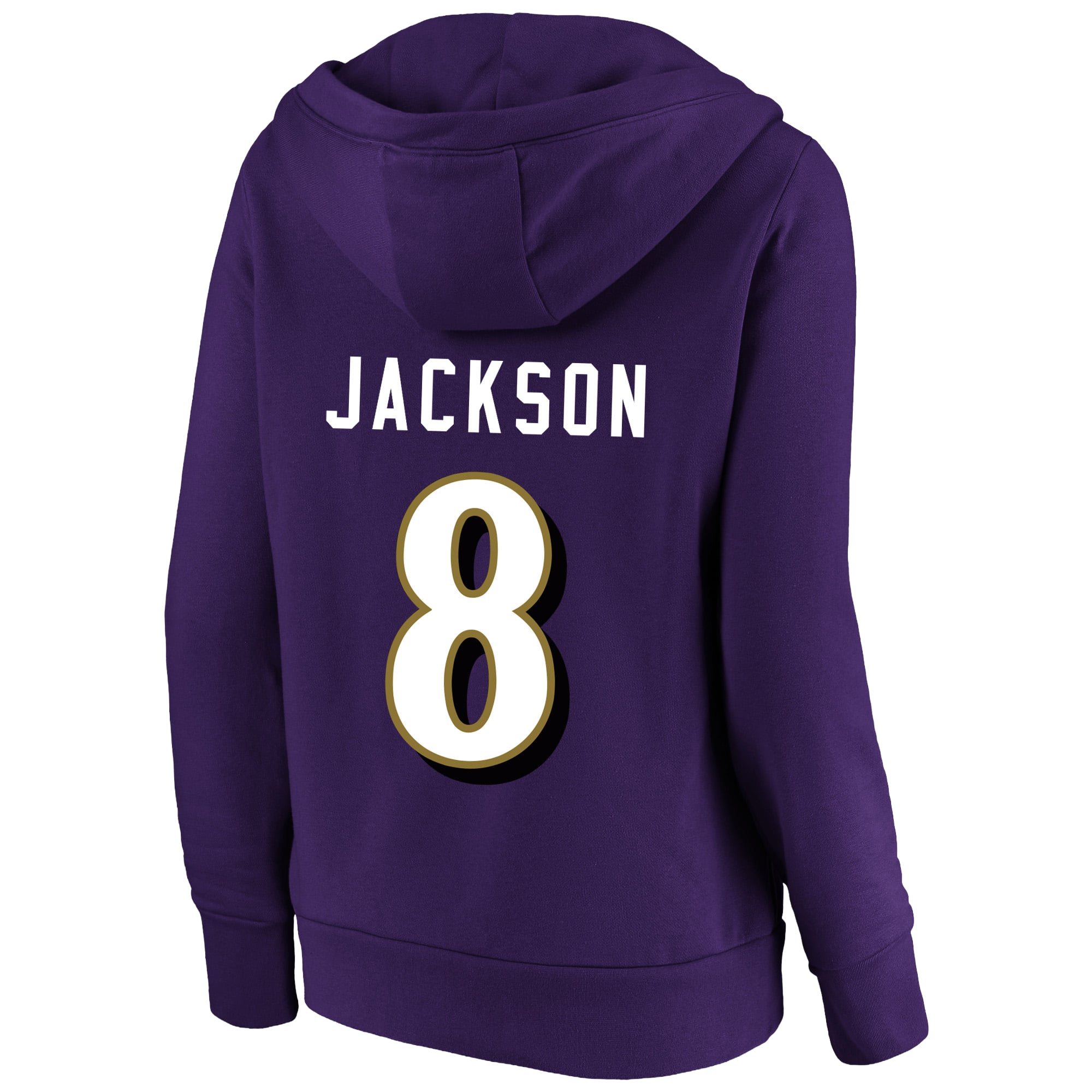 Sweat à capuche Fanatics Lamar Jackson violet Baltimore Ravens pour femme, grande taille, avec nom et numéro du joueur col cranté.