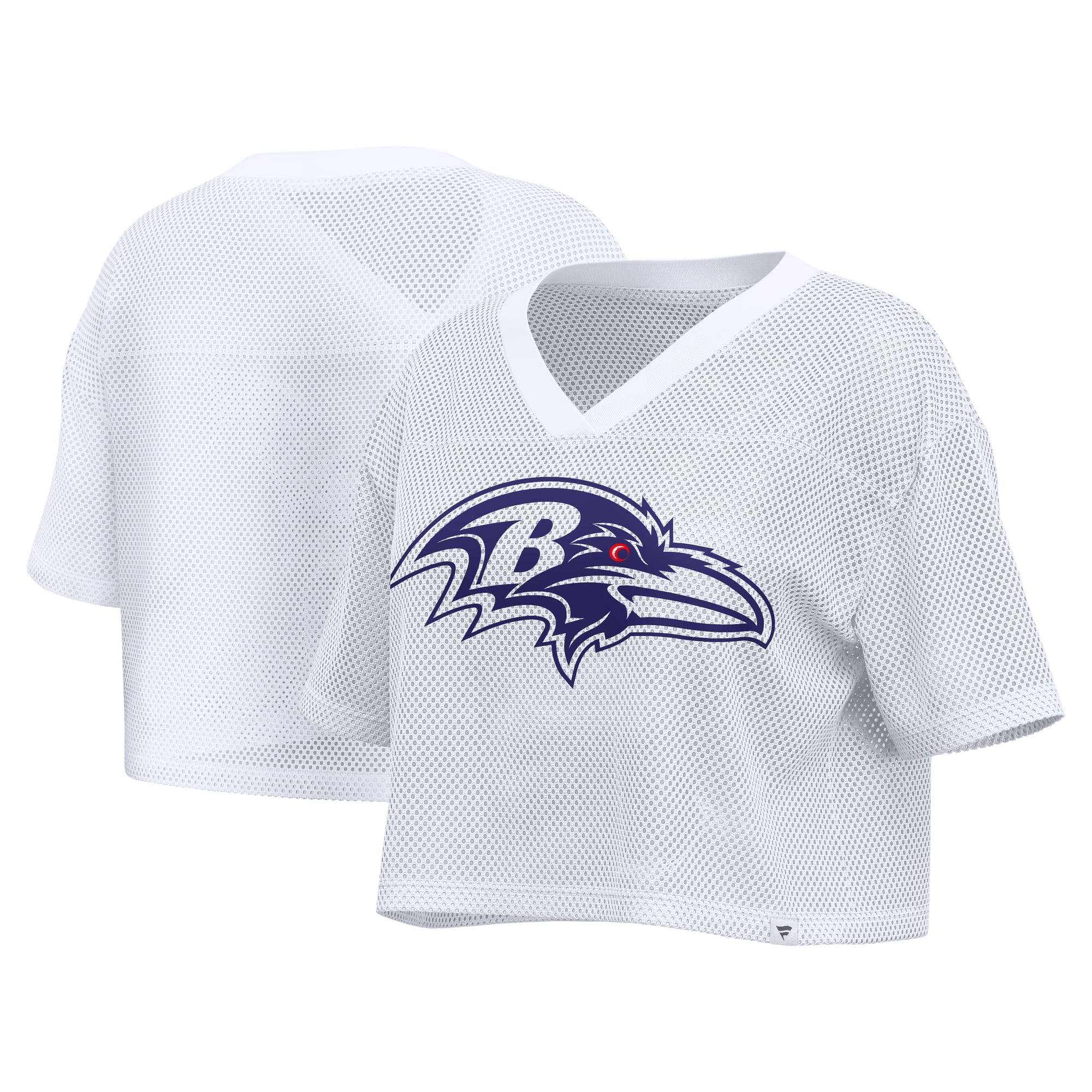 Maillot Fanatics blanc Baltimore Ravens oversize en maille, col V court, pour femme
