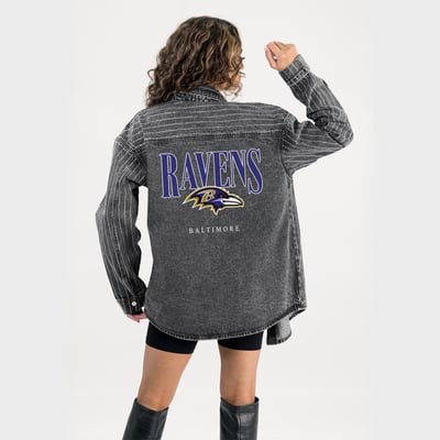  Baltimore Ravens Gameday Couture Women's End Zone Energy Rhinestone Washed Full-Snap Denim Overshirt - Black