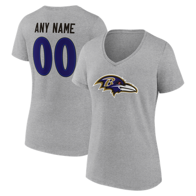 Baltimore Ravens Women's Team Authentic Personalized Name & Number V-Neck T-Shirt - Gray